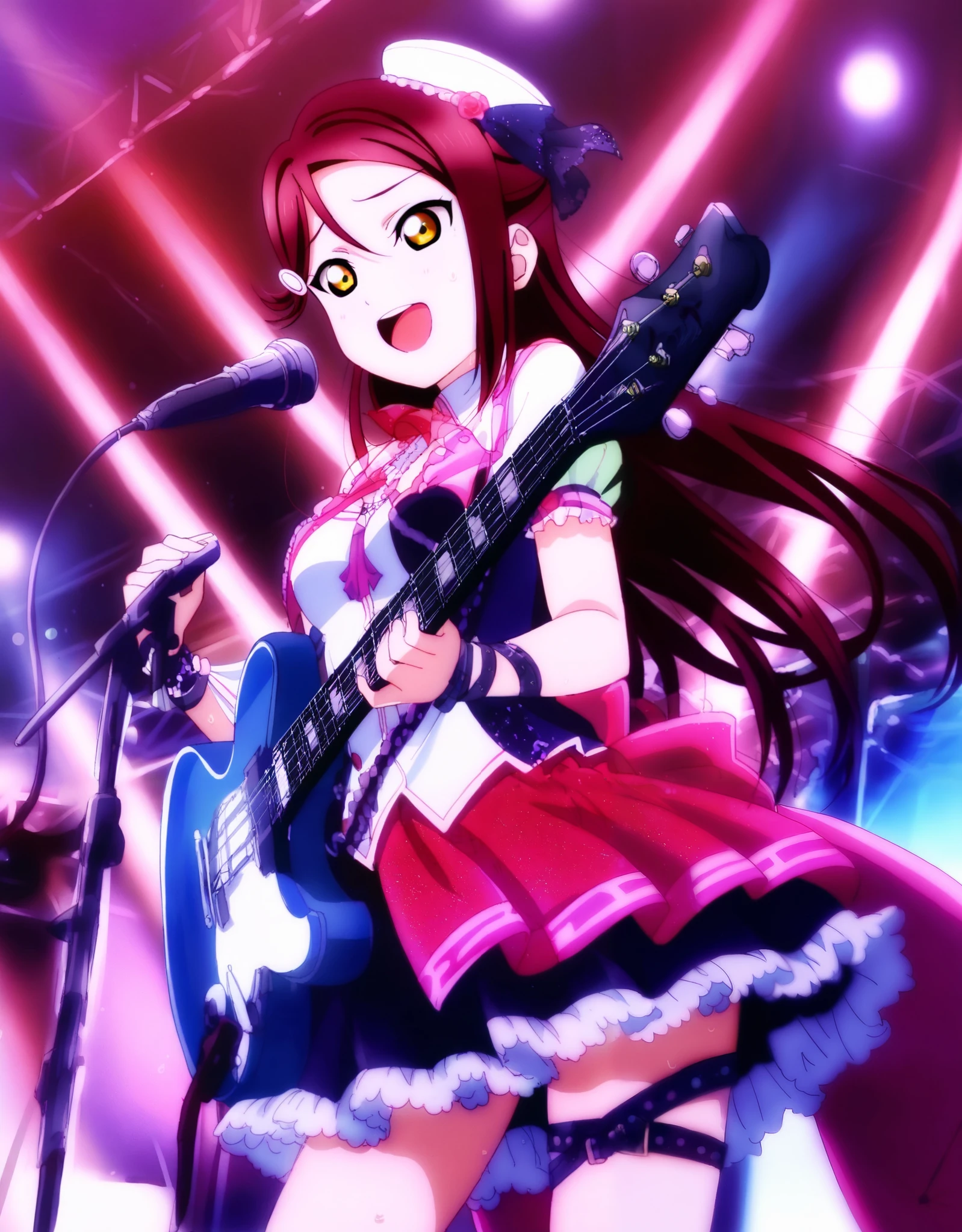masterpiece, best quality, amazing quality, very aesthetic, absurdres, anime coloring, official_art, 2010s \(style\), BREAK 1girl, solo, sakurauchi_riko, (love_live!_sunshine!!:0.9), red hair, long hair, hair ornament, medium breasts, idol clothes, pank, frill, multicolored clothes, hat, miniskirt, BREAK looking ahead, smile, singing, microphone stand, playing guitar, electric guitar, plectrum, stage, stage light, backscreen, sweat, wind, cowboy shot, dynamic angle,