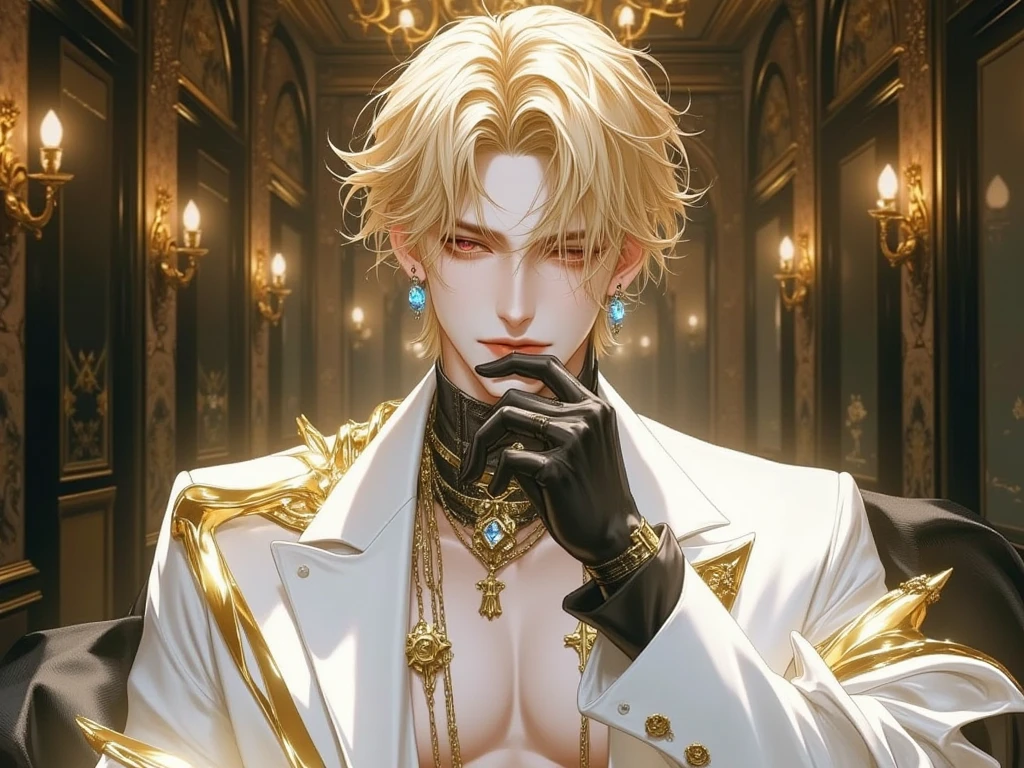 1 boy, anime, high quality, intricate details, futuristic, androgynous, casino setting, elegant, suit, messy hair, blonde hair, gloves, stern expression, waistbelt, brooch, golden eyes, freckles, demon horns, messy hair, earrings, tattoos, black eyes, pout, effeminate, small braid, long eyelashes, drinks, bar, short hair, feminine, jewelry, black streaks in hair