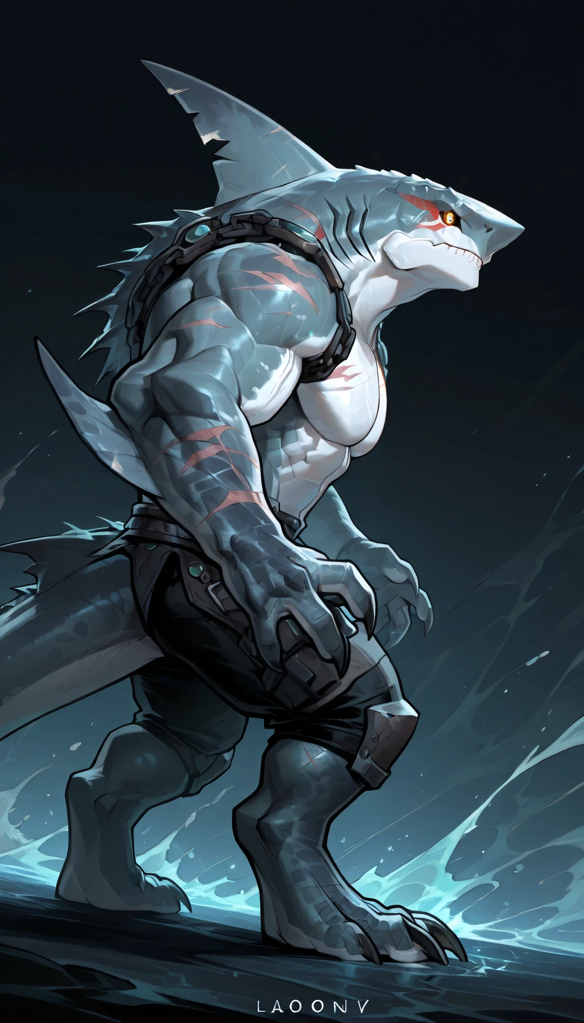 sharkman, anthro megalodon, darker hands and fins, solo, big arms, bara, detailed skin, lizard shark hybrid, anthro, closed mouth, polynesian tattoos, tattoos covering arm and shoulder, detailed scalie skin, scalie arms, fins on arms, gray color body, beefy, thick scales on arms, digitigrade legs, bulky body, light musclegut, proporcional body, mercenary pants, wide chest, old scars, marked jaw, thick shark tail, The design incorporates elements from various shark species, such as the dorsal fin, and muscular build, best quality, ultra-detailed, by laobai, by honovy, detailed illustration of 4K horror, standing ready to fight, dark background, side view, dynamic pose, dynamic angle,
