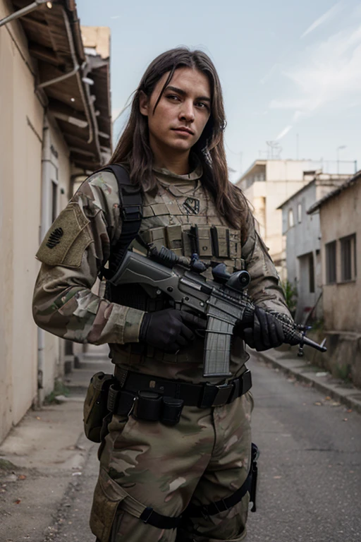 a girl playing war holding a gun in her hand and wearing a camouflage suit
