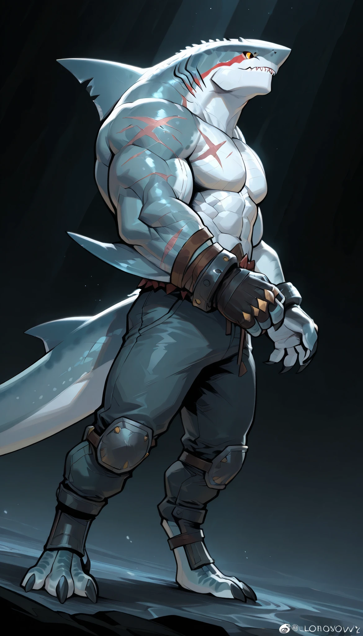 sharkman, anthro megalodon, darker hands and fins, solo, big arms, bara, detailed skin, lizard shark hybrid, anthro, closed mouth, polynesian tattoos, tattoos covering arm and shoulder, detailed scalie skin, scalie arms, fins on arms, gray color body, beefy, thick scales on arms, digitigrade legs, bulky body, light musclegut, proporcional body, mercenary pants, wide chest, old scars, marked jaw, thick shark tail, The design incorporates elements from various shark species, such as the dorsal fin, and muscular build, best quality, ultra-detailed, by laobai, by honovy, detailed illustration of 4K horror, standing ready to fight, dark background, side view, dynamic pose, dynamic angle,