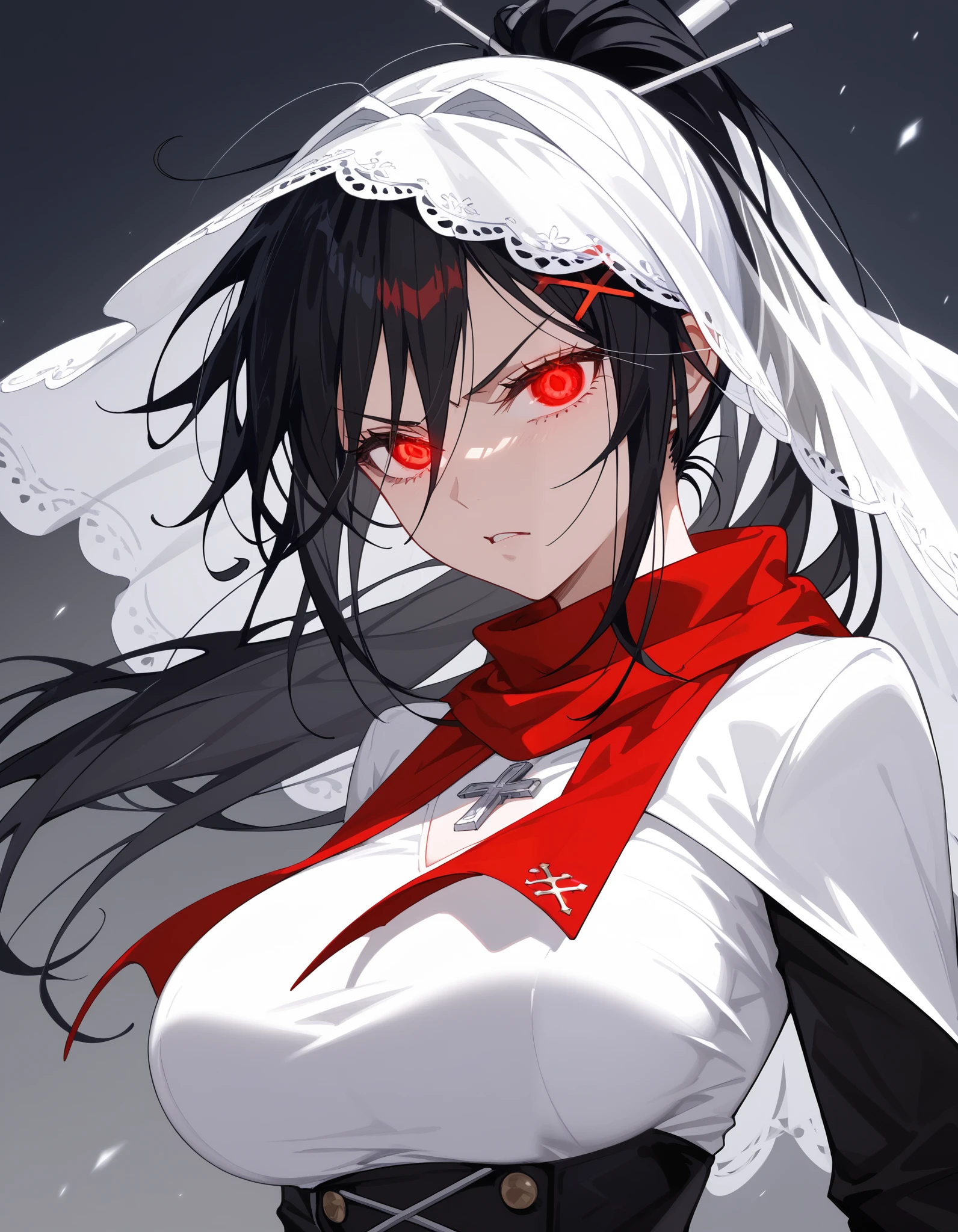 1 person, girl, Tomboy,ผมblack,in red eyes,long hair,Fierce face,good figure,Slim Gold Hairpin, dark edges,,big chest,Sharp eyes,good figure,Reversing the light,Red Scarf, ,Fierce face,Wind Blower,serious page,l,Cross hair , big chest, ponytail, hair veil ,black,x,, irritation ,sitting, standing,big chest, long sleeved dress ,,Upper Body Shape,พื้นหลังblack,Turtleneck dress , princess ,ชุดblack,Sophisticated Fashion,เสื้อคลุมblack,Cowboy Camera Angle , in glowing eyes,ฮู้ดคลุมblack,Huge Breasts,