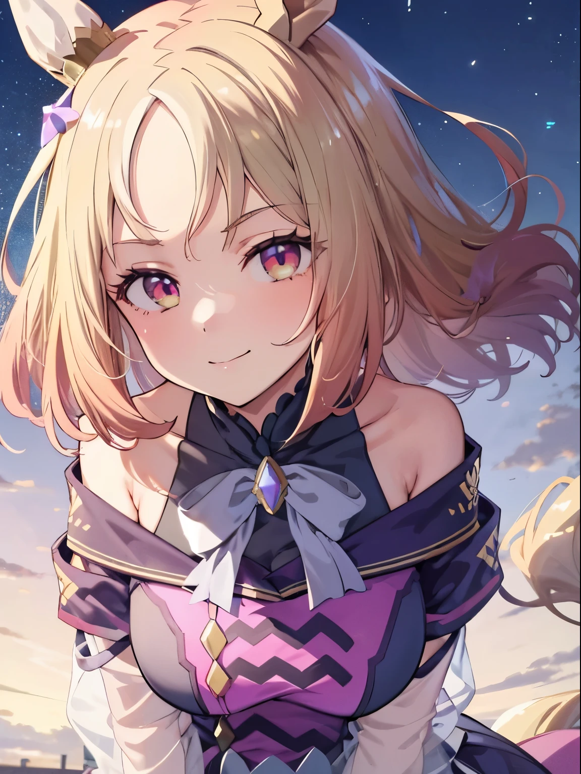 Narita Top Road \(Uma Musume\), 1 girl, Alone, cute girl,Best Quality, super detailed, anime style,8k, high definition, detailed face, smile, ((Competition clothes)),winking,((bending forward)),starry sky,