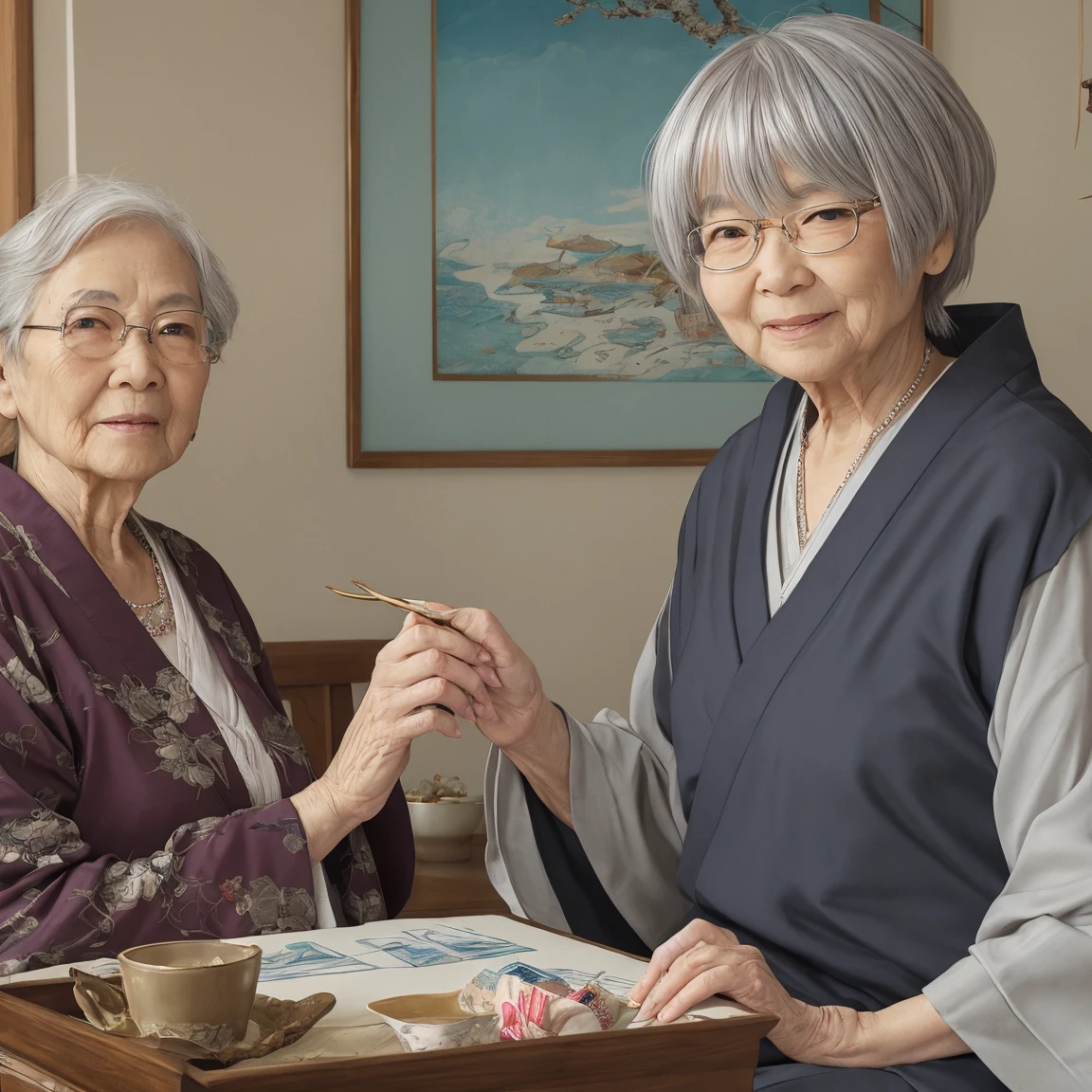 (An old lady+old woman (senior woman):1.2) who seems kind and gentle, carrying a bouquet of fresh and vibrant flowers, standing in a traditional Japanese setting with sliding doors and tatami mats. Her clothing style is reminiscent of the Kimetsu no Yaiba anime/manga, featuring a wide-brimmed straw hat and an elegant kimono with a floral pattern. The lighting should be warm and soft, with a focus on the lady's face to bring out her kind expression.