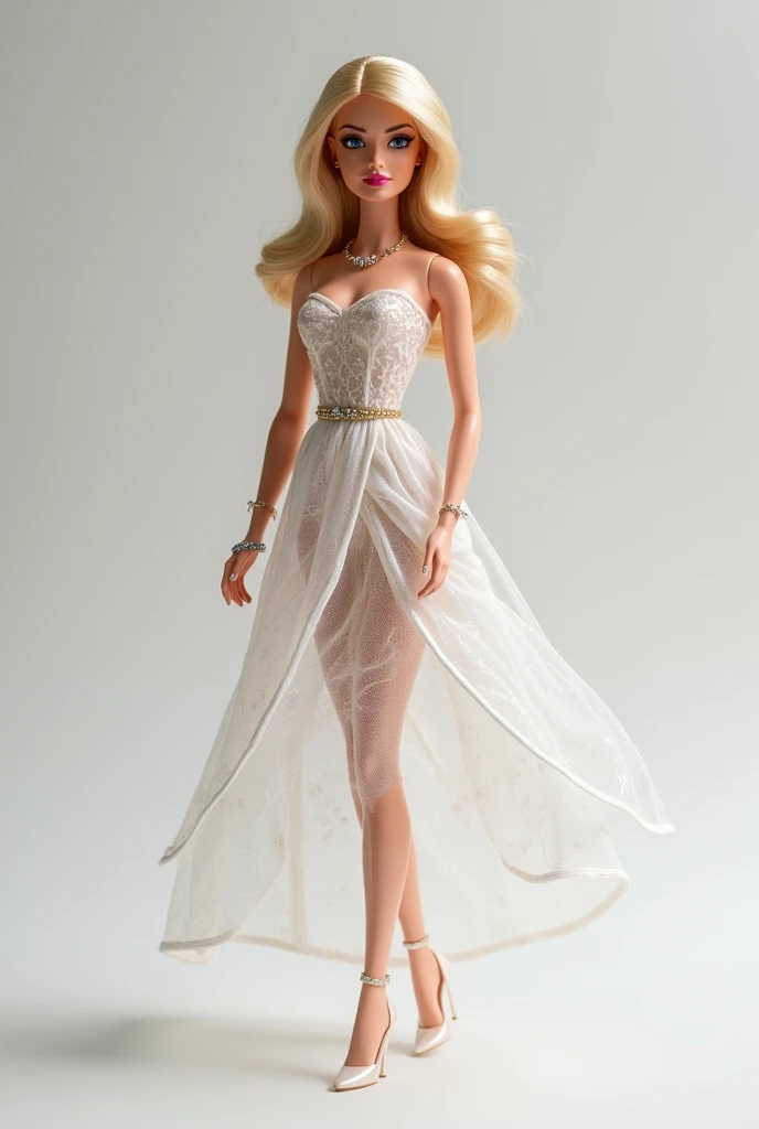 Claudia Schiffer, A stunning and seductive blonde woman with incredibly long, voluminous, slightly tangled and messy hair reaching down to her hips. She has beautiful and delicate facial features, embodying an ideal hourglass figure with a supermodel appearance. Her body is highlighted by a sharp, sexy bust, a sensual tummy with slight definition, wide maternal hips, a pronounced thigh gap, and a firm, shapely buttocks. She is dressed in an elegant, sheer white lace slit maxi dress with straps, the fabric delicately revealing her curves underneath. She wears white stockings and opera elbow gloves, with a delicate diadem adorning her head. High stiletto sandals complete her alluring and captivating presence.