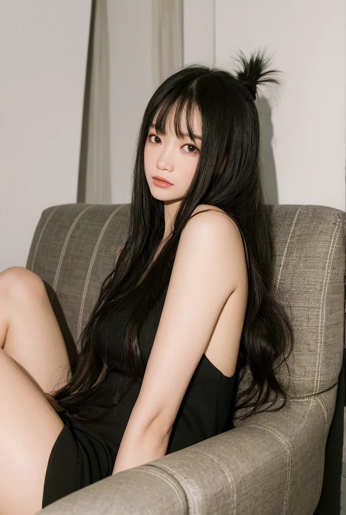 1人の女性、black color hair、Brown eyes、gorgeous faces、perfect bodies。Best quality at best、ultra - detailed、8K分辨率、RAW photogr、On the sofa。black color dress
