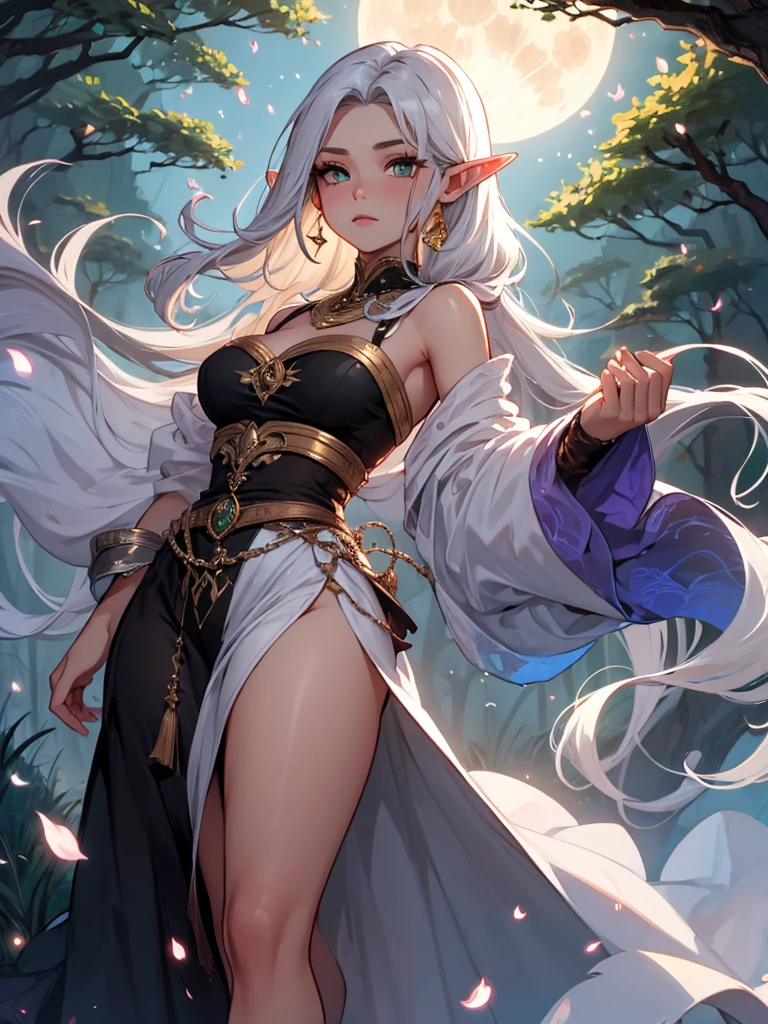 (Full body image, realistic 3d anime style), (of a beautiful light-skinned brunette woman), long white hair, (ponytail style)( (perfect beauty)) ((detailed face)), ((symmetrical face)), ((detailed green eyes )), (pointed elven ears) (silver earrings in the ears decorated with a small blue diamond), (beautiful lips), ((perfect body)),(( voluptuous body)), ((large breasts)) on the chest a silver chain of the that hangs a circular medallion, decorated with a blue diamond in the center, (narrow waist) ((thick thighs)), Beautyfull red dress with a qipao collar with a short skirt, long sleeves, low-cut in the center (letting you see the upper part of the breasts), ( white hooded cape, tied in front with two circular brooches attached to a silver chain), (leather belt with a metal loop decorated with intricate details), ((wears a short silver sword on the belt)), black leather gloves with cuffs,( black leather ankle boots with flap), walking through a beautiful white birch forest, on a sunny day ,blue sky, Beautyfull clouds ,HD resolution, 8k, volumetric light, masterpiece, high quality,