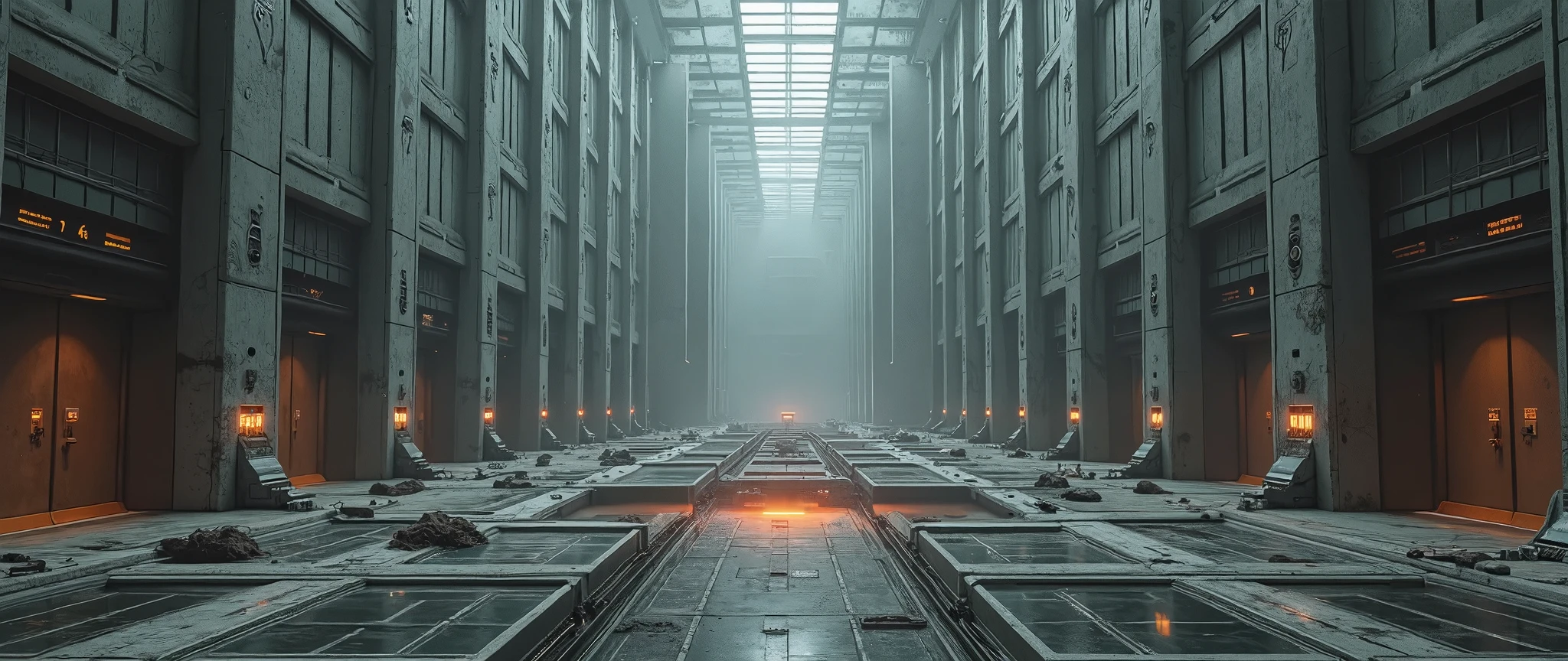 A massive futuristic military base with a vast central corridor, large enough for a 30-meter mecha to walk through, but now completely empty. The corridor has conveyor belts embedded in the floor for efficient transport. Surrounding the corridor, multiple tall elevator doors line the dark gray metallic walls, giving an industrial and functional aesthetic. The lighting is dim and artificial, casting a cold, sterile atmosphere. The overall color palette is muted, with desaturated grays and dull metallic tones, emphasizing a lifeless and imposing environment, with a deep orange pool below the surface covered by a floor of tempered glass.