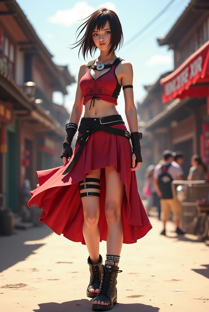 You can create an outfit inspired by Naruto tenten that is with a skirt with a top with boots