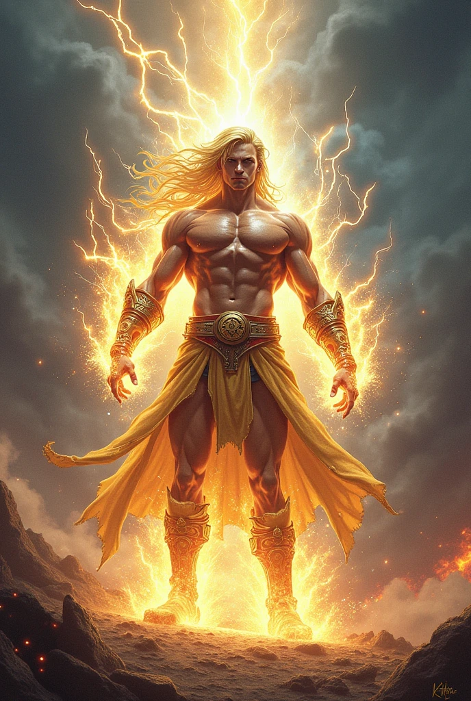 A dynamic image of Hermes, o mensageiro dos deuses, em pleno voo com suas asas douradas. Ele segura o caduceu, symbol of his function as divine messenger, while traversing the skies at high speed. Ao fundo, nuvens e raios de sol criam uma atmosfera de movimento e energia.