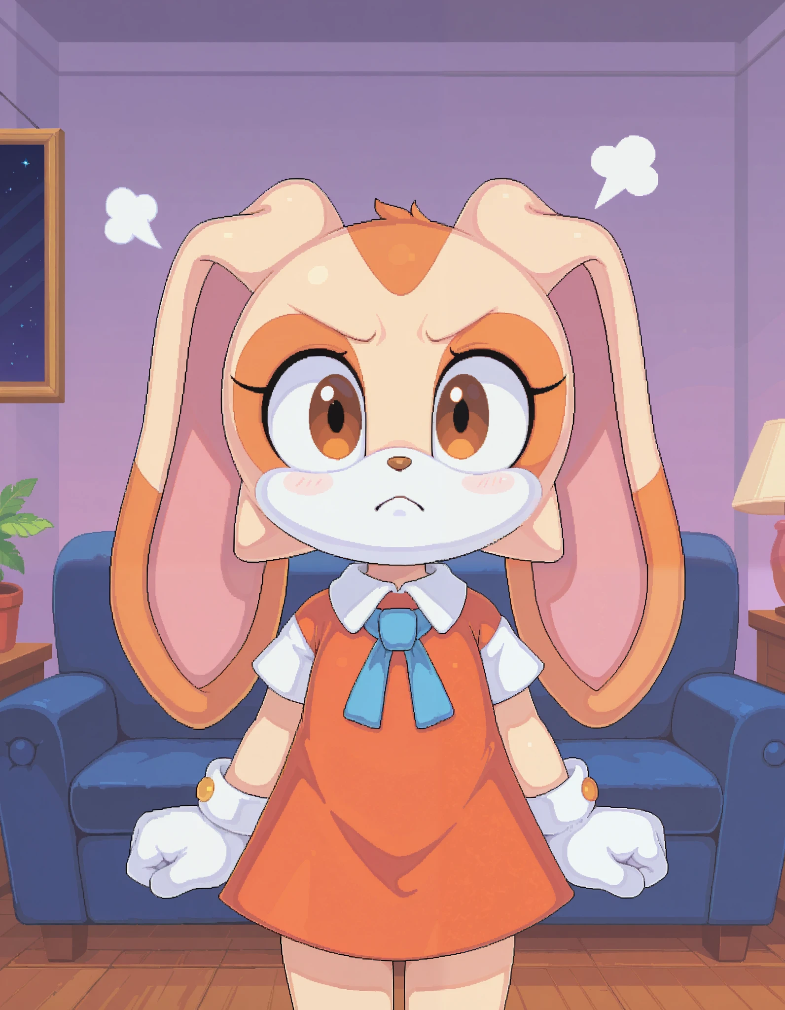 (anger, frown, standing, cowboy shot, solo, 1girl, arms at sides, solo, 1girl ), cream the rabbit, body fur, fluffy fur, young, , toddl, looking at viewer, living room, cute pose,
orange dress, blue neck ribbon, short sleeves, white sleeves, gloves,
masterpiece, best quality, good quality, newest, very awa, absurdres, highres, light purple background,, kemo_camotl, pixel art,
