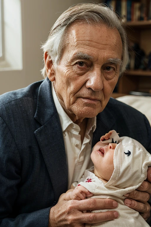 A young woman is cradling her sleeping grandfather while demonstrating how to breastfeed him