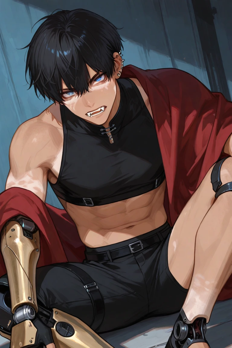 Diamant is sitting and flexing his thighs. He is shirtless and wears black boxershorts. He is touching his biceps with his hands.