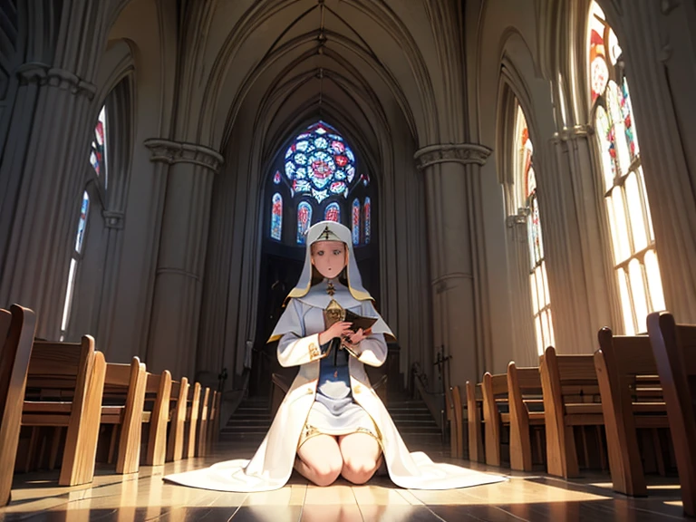One beautiful European woman、(Blonde)、(With the archbishop in vestments:1.8)、(so beautiful)、(Super beautiful face:1.8)、(Monastic vestments:1.5)、Sitting on a chapel chair with her legs spread、(The body is facing this way:1.2)、(Spread your legs out to the side:1.2)、(Pull up your skirt to show your pants:1.2)、(White panties:1.3)、(barefoot:1.5)、(At S.F.W.:1.5)