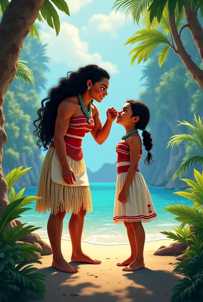 A picture of Moana, young and beautiful, hyper realistic, real portrait, backlit, exquisite features, cleavage, sunset, pregnant, she is kissing the demigod Maui