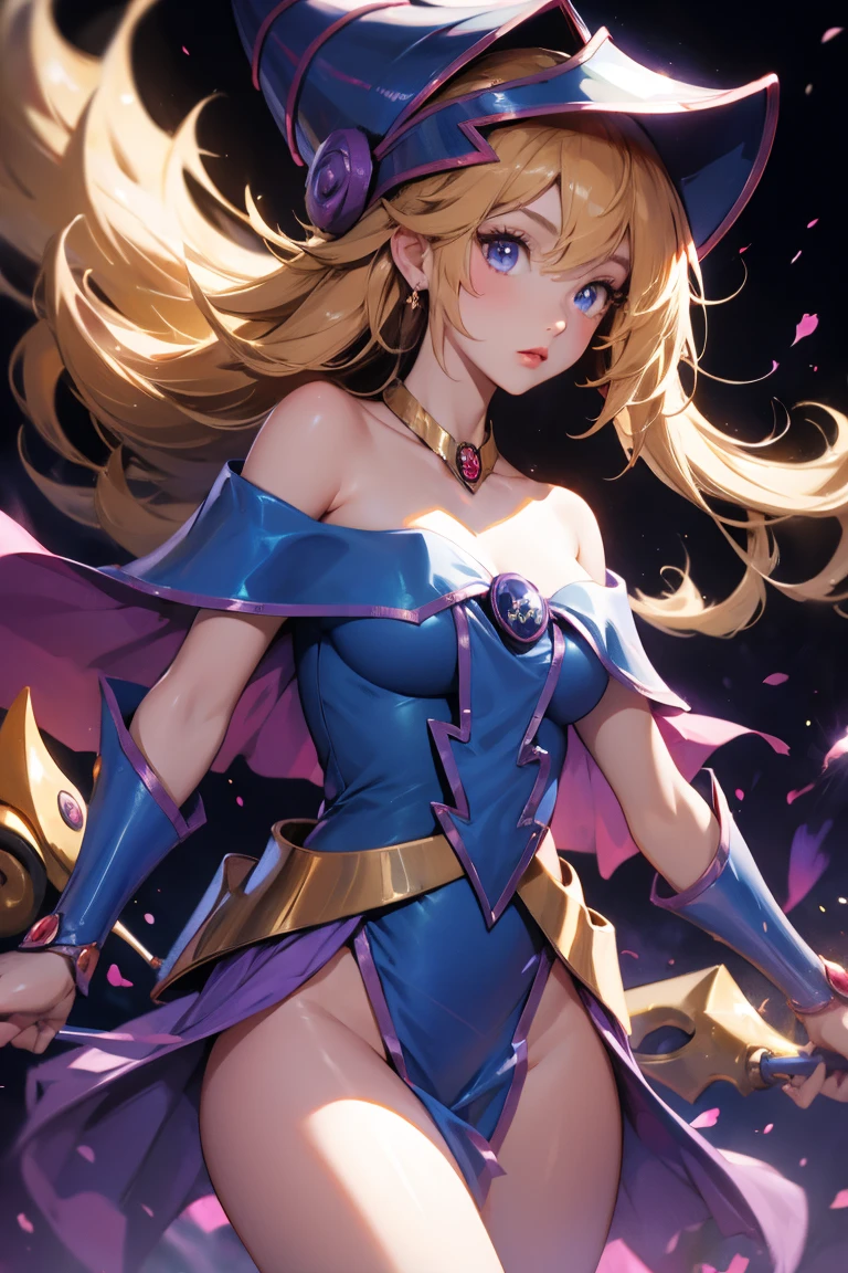 dark magician girl, duel monster, blush stickers, blonde hair, green eyes, long hair, breasts, blush, bangs, large breasts, hair between eyes, pentacle, pentagram, hat, dress, cleavage, bare shoulders, collarbone, choker, blue headwear, wizard hat, bracer, detached sleeves, highest quality,((highest quality)),((Tabletop)),((Perfect Face)),become close５Two fingered hand,1 girl,(Background Blur),, Unreasonable,Her figure is extremely beautiful, Emphasizing the dark and crazy elements. Skillfully expressing the effects of light and shadow, detailed, The face and expression are carefully drawn..., Artistic elements add depth to the work, With a unique artistic touch. This film is visually stimulating、Aesthetically pleasing.,sketch (Character design sheet, same characters, whole body, Three-View, front, ~ ~ ~ side, return),,milky way, (Stripes of light), Impressive visuals, (Dynamic Streaks, Path of Light:1.2), Bright colors, Look up,Dynamic pose, Fountain in the background,　Carrying a walking stick, Looks like an anime poster,　A fateful journey