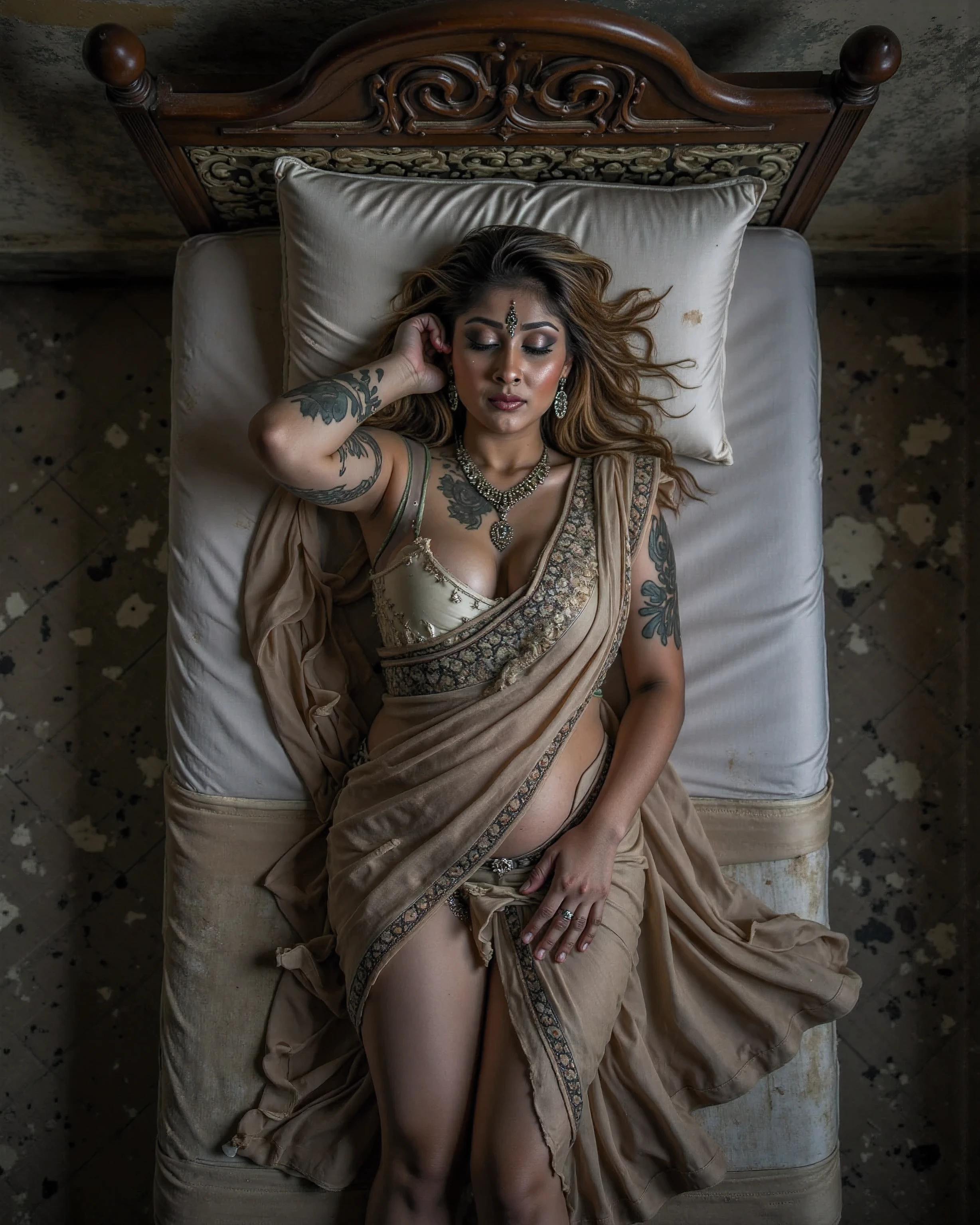 This will be a photo of a homeless indian woman with stained clothes sleeping on extremely dirty bed in an abandoned medieval brothel . View from the top of an 45 Year old Indian Mature lady, plump body, hourglass body figure, sleeping on a bed with eyes closed, a mix of expression including smile, pain, orgasm, sleep on face with mouth slightly open. She has massive breasts with a deeper cleavage, her thighs are exposed, wet skin and hair, hindu tattoo all over her body, blond hair, long straight hair,(front button blouse and saree, bare lower body, torn, middle chest torn dress, no panties, breasts exposed), open (perfect body), hands behind her head, armpits exposed, hairs messed up, sweaty skin, nipple leak spot ,  high definition sysie details. She is lying on a dirty bed with stained sheet in an abandoned medieval brothel stained clothes on the floor,  garbage, a few  used bras on the bed, bandages, posts, rusty pipes, Wall tubes,  Grey and dark walls, Empty boxes, graffitti on the wall, Paint on damaged walls, Metal and rusty scrap, mechenical parts (Rusty, brown) Wear dirty and stained indian blouse and ultra thin stained saree:1.5),  photography, sharpness, unique 850 4, koda850 k portrait camera, f6.0 lens, rich color, hyper realistic texture, spectacular light texture, surreal art, 