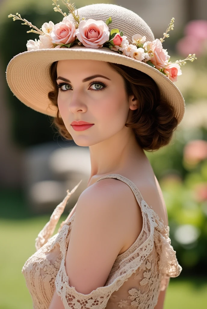 Medium format portrait photography, pretty supermodel, flowers as a hat, by J Flynn, cleavage, hand, eyes, posing for the camera, seductive, artistic, imaginative, upvoted, aesthetic,