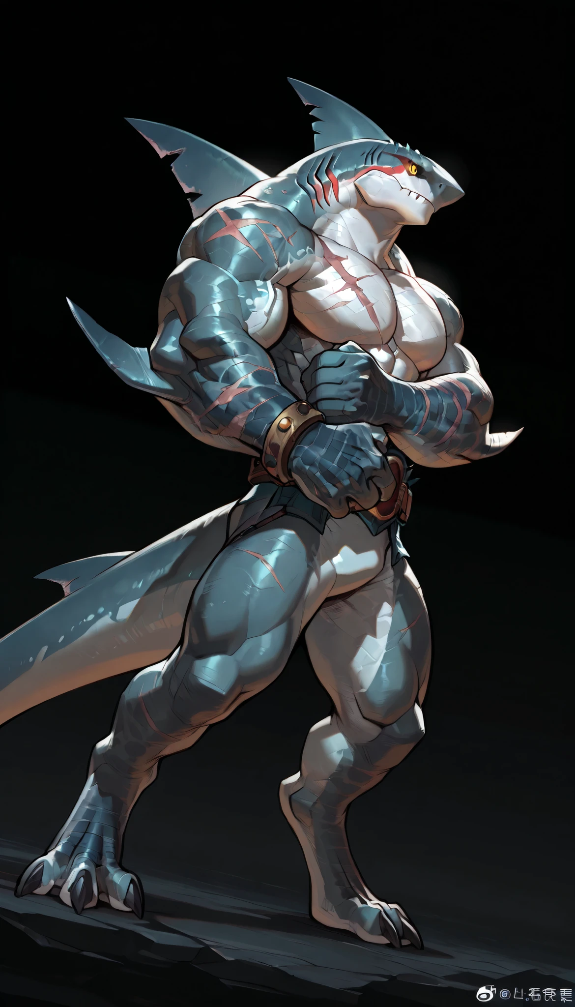 sharkman, anthro megalodon, darker hands and fins, solo, big arms, bara, detailed skin, lizard shark hybrid, anthro, closed mouth, polynesian tattoos, tattoos covering arm and shoulder, detailed scalie skin, scalie arms, fins on arms, gray color body, beefy, thick scales on arms, digitigrade legs, bulky body, light musclegut, proporcional body, mercenary pants, wide chest, old scars, marked jaw, thick shark tail, The design incorporates elements from various shark species, such as the dorsal fin, and muscular build, best quality, ultra-detailed, by laobai, by honovy, detailed illustration of 4K horror, standing ready to fight, dark background, side view, dynamic pose, dynamic angle,