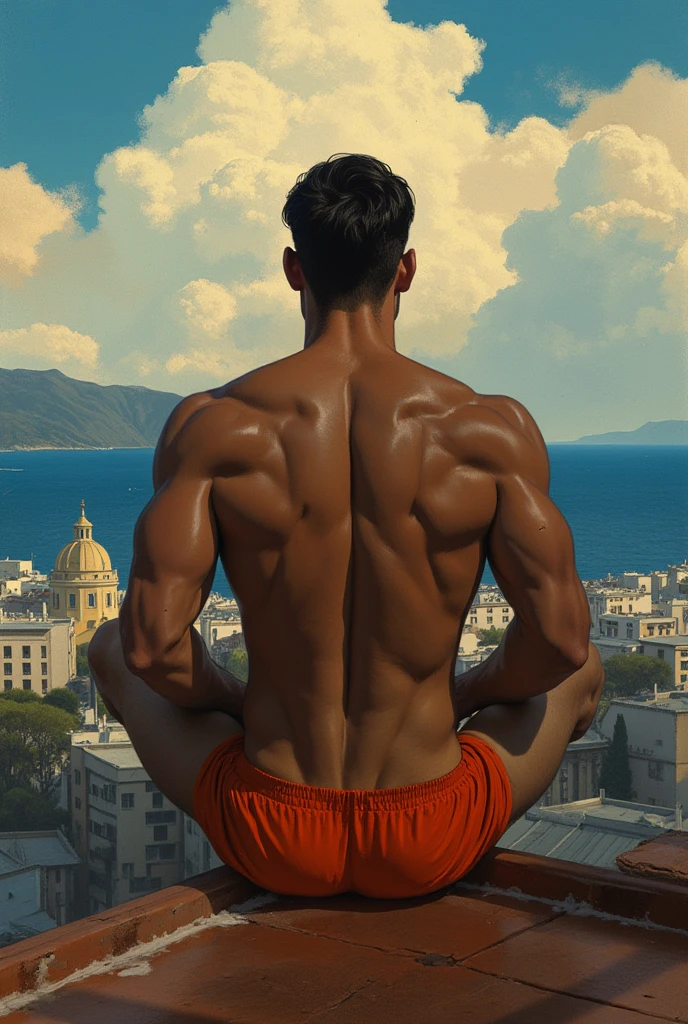 illustration, a young man inside a museum of baroque paintings, Two styles, the subject in watercolor style soft pastel colors young man athletic toned slender muscular symmetrical divine proportions, oval face large eyes thin lips thin nose heart-shaped chin brown eyes, short straight black hair, hairy body, muscular legs, muscular glutes, cinnamon wings , Italian, narrow waist, broad shoulders, muscular breasts, perfect feet, shirtless, with sandals, and very small black shorts,, She is crouching smiling very sexy looking straight at the camera, the look expresses lust, seduction, desire, passion, instincts the background in oil painting style intense cold hard colors, museo con pinturas retratos Baroques de hombres sin ropa escene superdetallada, masterpiece of realism+Baroque+romanticism, 8k resolution, intricate details, Highly detailed, the lights and shadows give it a sense of depth and drama, combination of tom of finland's styles, Roberto Ferri, caravaggio y greg roukoski