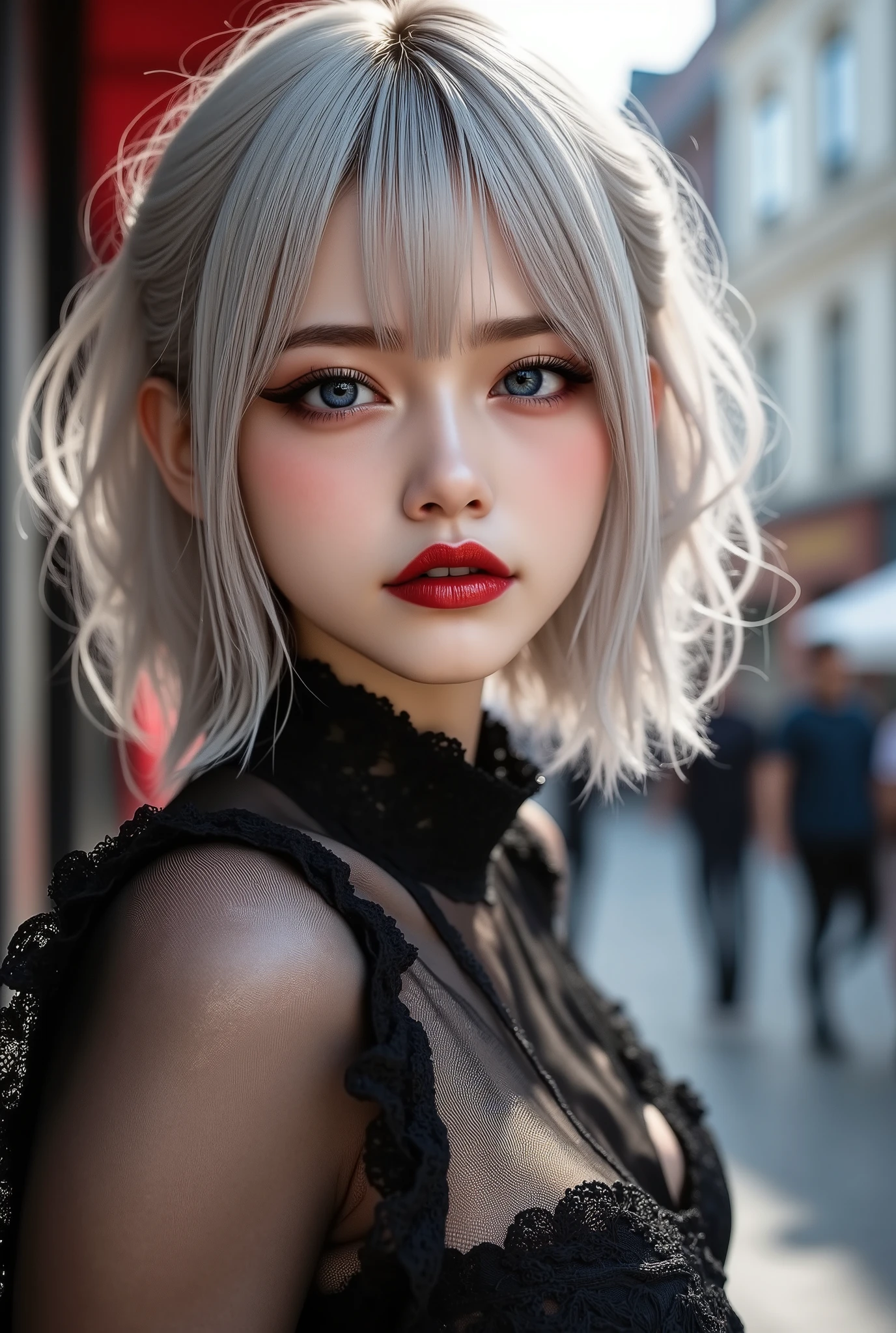  [Style: - "8k, masterpiece, realistic, Photorealistic realism, Hyper high resolution" - "highest quality, intricate ultra-detailed digital art"] (Key Directive: - "The priority is the anatomical accuracy and texture of the materials" - "Ultra-sharp human eyes with biological accuracy") {Character: "a beautiful girl [Rosé from blackpink(firm and full breasts)]" | Face: "full lips, red lipstick, intense gaze" | Eyes: - "((sharp focus, no blurry eyes, Hyper absurd quality, Hyper details, Hyper realistic brown eyes:1.4))" - "((extra narrow eyebrows))" - "(Carefully draw Long blue_mascara:1.2)" - "(perfect round eyes)" | Hair: "short hair, white hair, curls at the ends of the hair, hair above one eye,(short combed to the side)" | Pose: "elegant pose" Outfit: [Top: "Wear an off-the-shoulder top, modest BDSM costume, (see-thru PVC:1.2)" | lace: "Rose flower" | Boots: "Black Long,(laced)"] Environment: "street, European Buildings" Lighting: "studio lighting, monochromatic, striking contrast, dramatic shadows" (Rendering engine: "Unreal Engine 5 path tracing, 16K texture maps") | The ultra-Highres,Unreal 5,Subsurface scattering,PBR Texturing,Post-Processing,Anisotropic Filtering,depth of fields,Maximum Sharpness and Sharpness,multi-layered texture,Albedo and Specular maps,Surface Shading,Precise simulation of light-material interactions,perfectly proportions,Octane rendering,Two-tone illumination,Wide Aperture, low ISO, white balance, The rule of thirds