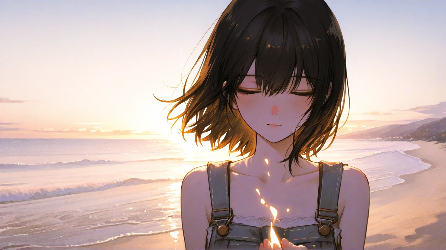 ,Masterpiece, Best quality,8K, 超高分辨率,late sunset,The grieving person sits alone on a rock by the sea。The waves lapping against the reef,As if accompanied by his sadness。The sky gradually turned to sunset,But there was only endless darkness in his eyes。