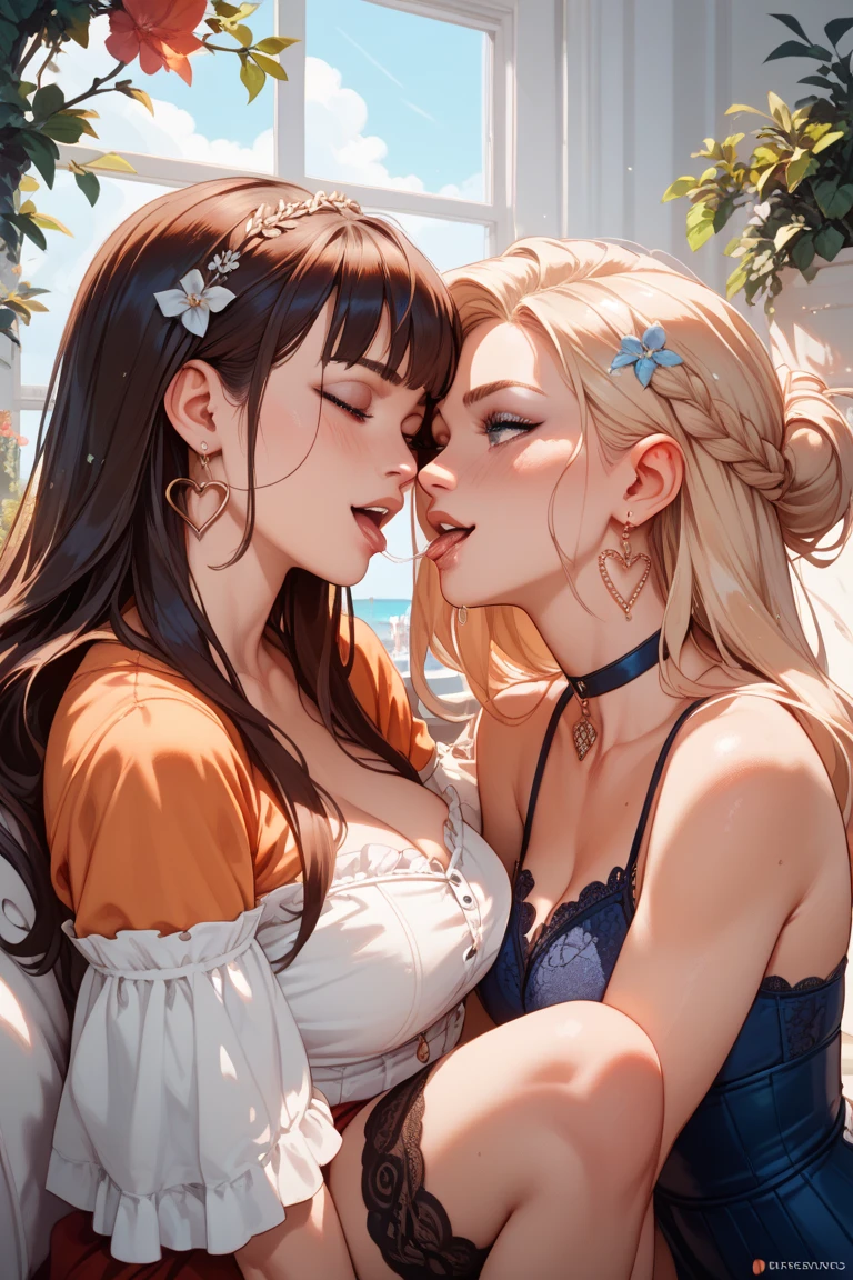 (((best quality))),masterpiece,ultra high resolution,(ultra high definition),(movie quality:1.3),(movie lighting),(low light environment:1.4),Female couple kissing woman at sunset, (SFW) Work, kissing together cutely, (((Girl Love Art))), OPPEIN, Side milk, Slightly saggy big breasts, small breasts, (((Very long wavy blonde hair))), (((Straight brown hair with side bangs))), (girl love kiss), The mouth is very detailed, (girl love hug), touch her hand, touch her clothes, touch her breasts, (((Hands touching her breasts))), sit on lap, Long hair fluttering in the wind, SFW version