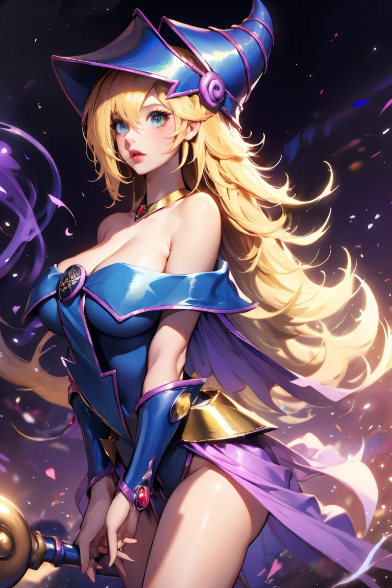 ultra-detailed, extremely detailed, masterpiece, highest quality, best quality, absurdres, highres, dark magician girl, (1girl:1.2), solo, detailed face, dynamic pose, hair flow, (full body:1.1),  blonde hair, long hair, looking at viewer, green eyes, skindentation, detailed skin, skin pores, (shiny skin, glossy skin:1.1), rosy skin details, breasts, nail polish, skirt, blue footwear, blue headwear, wizard hat, wand, holding hat, (blue panties:0.9), (summoning circle:1.1), hexagram, pentacle, pentagram, yu-gi-oh!, duel monster, purple magic field, glow, detailed background, intricate background,