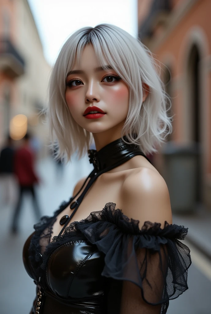 nsfw, 8K raw photo, Best quality, masterpiece, ultra high res, looking at viewer, night, street, Kabukicho,  (fluffy short hair:1.2), (white hair:1.3), natural skin texture, realistic eye and face details, rouge \(makeup\), red eyeshadow, full lips, parted lips, lipstick, beautiful legs, tall female, skinny, slim_legs, thigh_gap, model, medium breasts, outdoors, Goth_punk, <lora:FilmProvia2:0.8> <lora:Gothpunk:0.8>