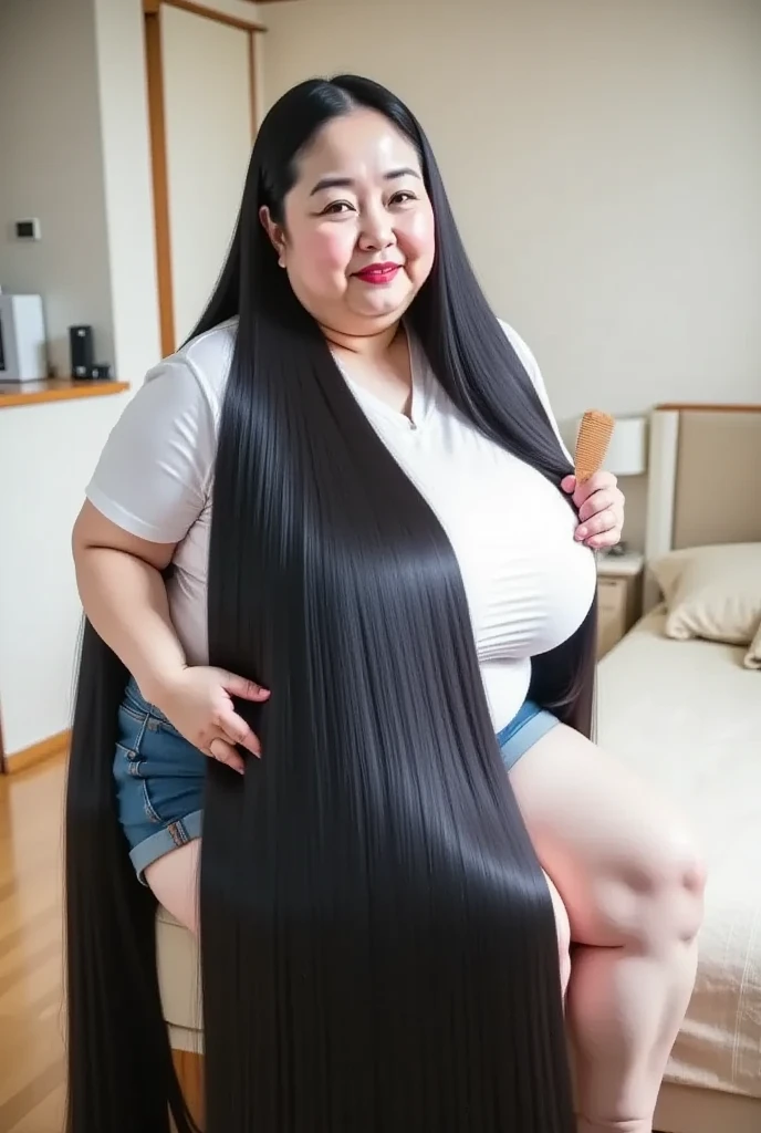 A 30-year-old woman with long black hair and a slightly chubby figure、Selfie taken at home