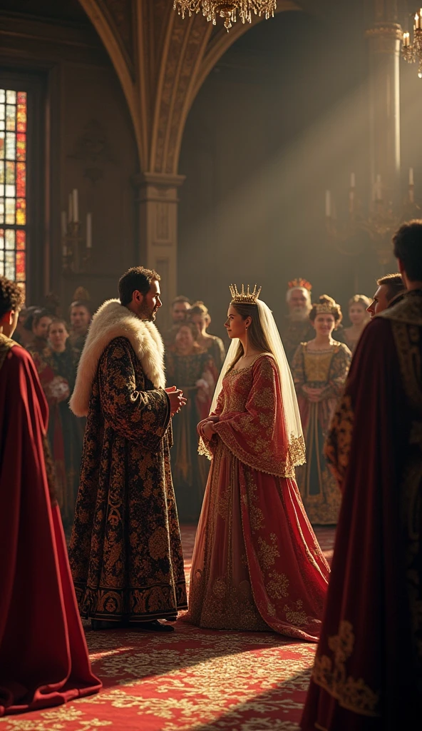 Illustrate a signing ceremony of a peace treaty between the kingdoms, kingdom with king arlock man with golden armor and crown, Queen Ailith with her white cloak and her staff in her magician's hand and the king of the years a dwarf king with his bronze armor and his two-sided axe with leaders and representatives of the three kingdoms present. The setting should be a large hall or courtyard, with flags and symbols of each kingdom visible and architectural details and clothing consistent with the medieval era.