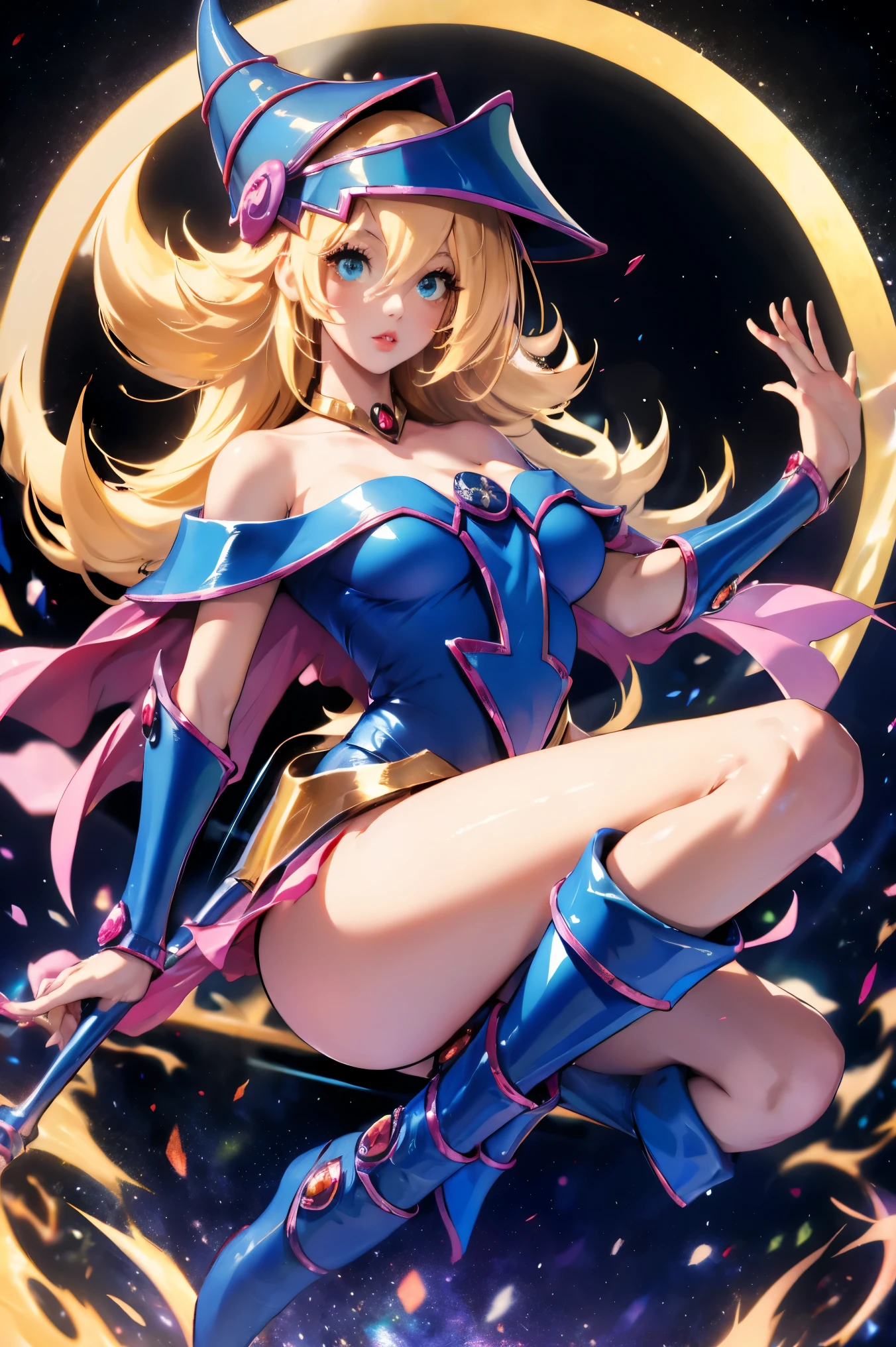 Black Magician Girl、super breasts、thick thighs、blonde hair、magic circle、8K, 4k, highest quality, High resolution: 1.2),winking、Nipples exposed、cute anime face、Pink blush on cheeks、noise removal、Leotard that bites into、have a cane、Hold your cane、Rear view、Turning around、full body portrait、T-back that digs into your butt、Glowing green eyes、Laughter