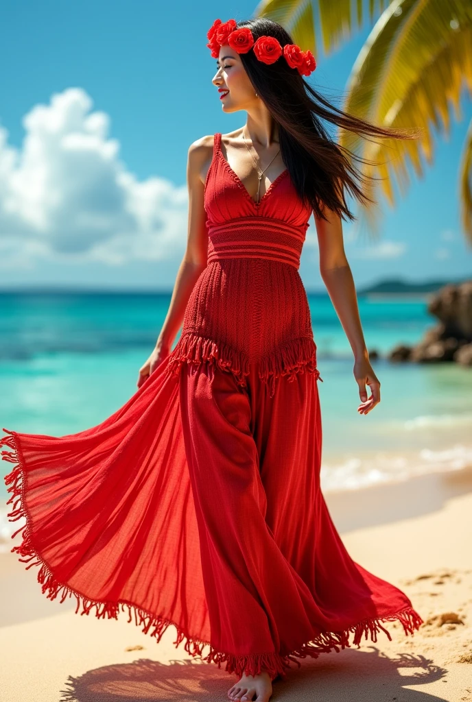 Woman in red dress and hat walking on the beach of palm trees, wearing red sun dress, red dress and hat, girl in red dress, wearing red dress, posing on the beach, wearing red dress, wearing a straw hat, wearing a wide visor, fair skin, well-proportioned figure, slender, beautiful, diamond necklace, suspenders, 8k, lens sense, face refinement, oriental woman, two eyes with a look, both eyes facing the camera