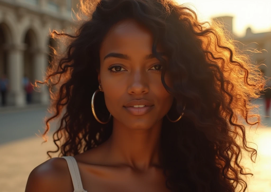 Mixed race woman,green eyes,brunette with honey highlights,long curly afro hair,average sized breasts and buttocks,petits pieds,1m65