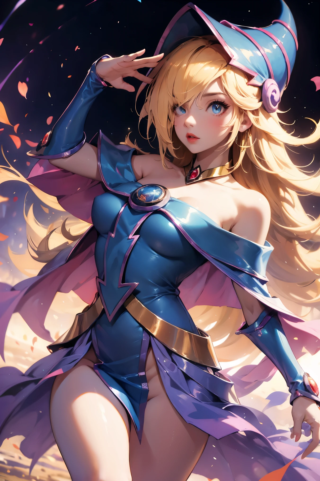 (Obra maestra:1.2), (La mejor calidad:1.2), Perfect lighting, Chica Maga Oscura lanzando un hechizo, flotando en el aire, tetas grandes, escote, desde arriba, Destellos de magia. Luces artificiales. Pose sejustiva y sexy