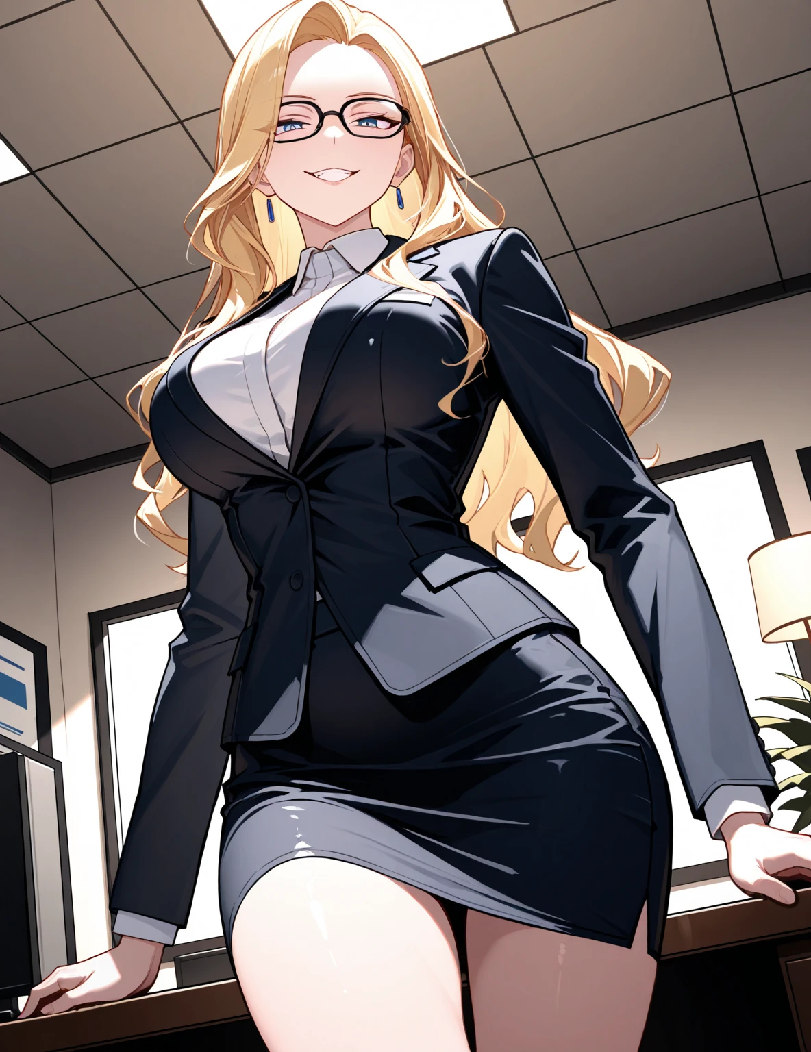 ((high detailed, best quality, 4k, masterpiece, hd:1.3)), landscape, (in office), indoors, business office, Office workers working in the office, many people are busy working, standing, window, desk, chair, computer, ceiling light, Princess Peach, BREAK neon blue eyes, seductive, attractive, sexy smile, smiling, smooth anime cg art, 34C breasts, long legs, vivid colors, detailed digital art, slim body, perfect skin, blonde hair, long hair, BREAK crown, cleavage, 34C cleavage, looking at viewer, BREAK looking at viewer, extremely detailed face, black necktie, pink pencil skirt, pink jacket, white shirt, full body, (pink high heels), earrings, gem, dark black makeup lips, dark gothic eyeshadows, dark eyeshadows, black eyeshadows, black sexy lips, black lips, (dark:1.2), dark lips, very dark lips, (perfect hands, perfect anatomy), black makeup, detailed fingers, five fingers per hand, 5 fingers, (1 girl), detailed lips, detailed black lips, black painted lips, gothic painted lips, BREAK night, (breast focus), (breasts out:1.3), (arms outstreched:1.2),