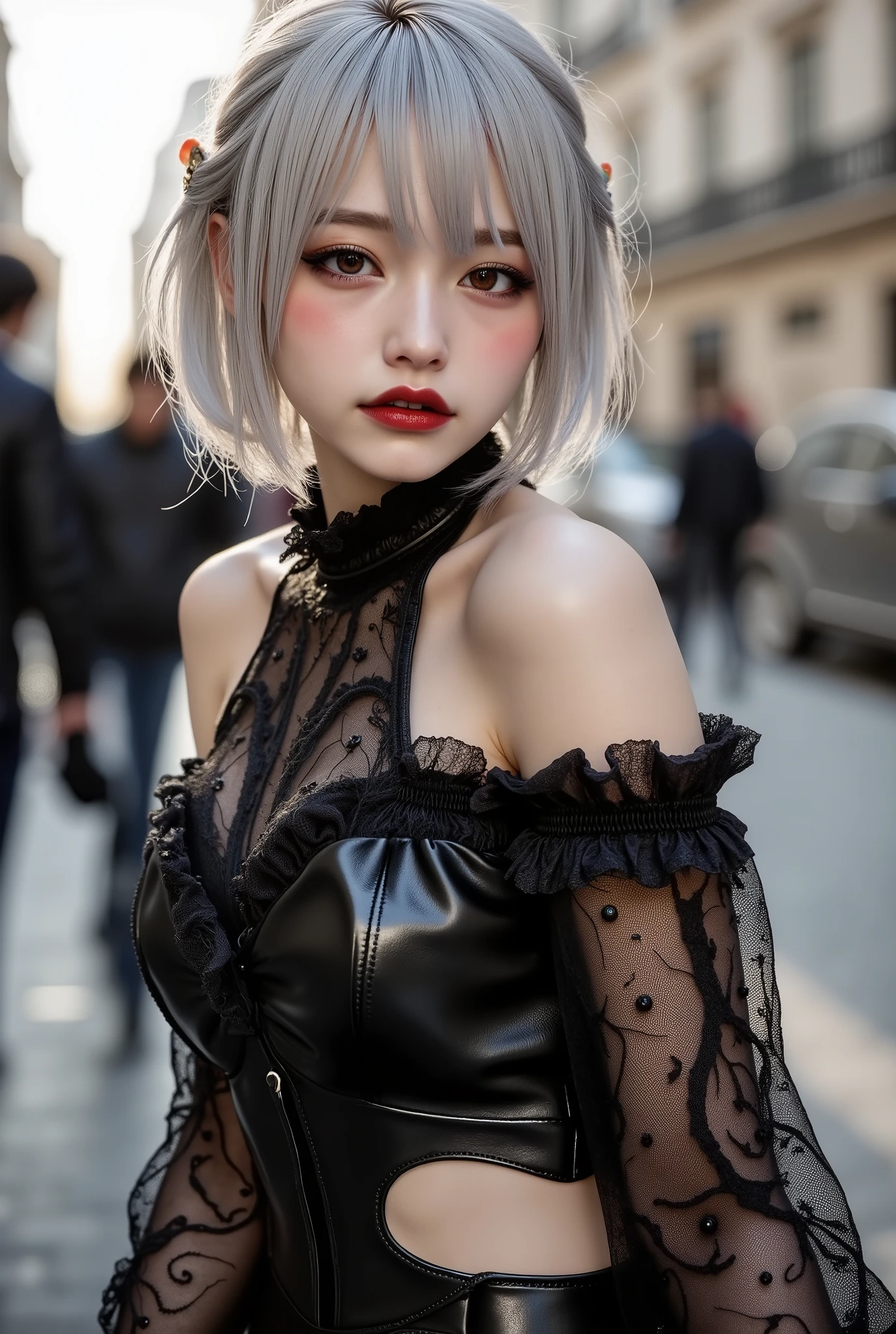  [Style: - "8k, masterpiece, realistic, Photorealistic realism, Hyper high resolution" - "highest quality, intricate ultra-detailed digital art"] (Key Directive: - "The priority is the anatomical accuracy and texture of the materials" - "Ultra-sharp human eyes with biological accuracy") {Character: "a beautiful girl, [Rosé from blackpink(firm and full breasts)]" | Face: "full lips, red lipstick, intense gaze" | Eyes: - "((sharp focus, no blurry eyes, Hyper absurd quality, Hyper details, Hyper realistic brown eyes:1.4))" - "((extra narrow eyebrows))" - "(Carefully draw Long blue_mascara:1.2)" - "(perfect round eyes)" | Hair: "short hair, white hair, curls at the ends of the hair, hair above one eye,(short combed to the side)" | Pose: "elegant pose" Outfit: [Top: "Wear an off-the-shoulder top, modest leather BDSM costume, (see-thru PVC:1.5)" | lace: "Rose flower" | Boots: "Black Long,(laced)"] Environment: "street, European Buildings" Lighting: "studio lighting, monochromatic, striking contrast, dramatic shadows" (Rendering engine: "Unreal Engine 5 path tracing, 16K texture maps") | The ultra-Highres,Unreal 5,Subsurface scattering,PBR Texturing,Post-Processing,Anisotropic Filtering,depth of fields,Maximum Sharpness and Sharpness,multi-layered texture,Albedo and Specular maps,Surface Shading,Precise simulation of light-material interactions,perfectly proportions,Octane rendering,Two-tone illumination,Wide Aperture, low ISO, white balance, The rule of thirds