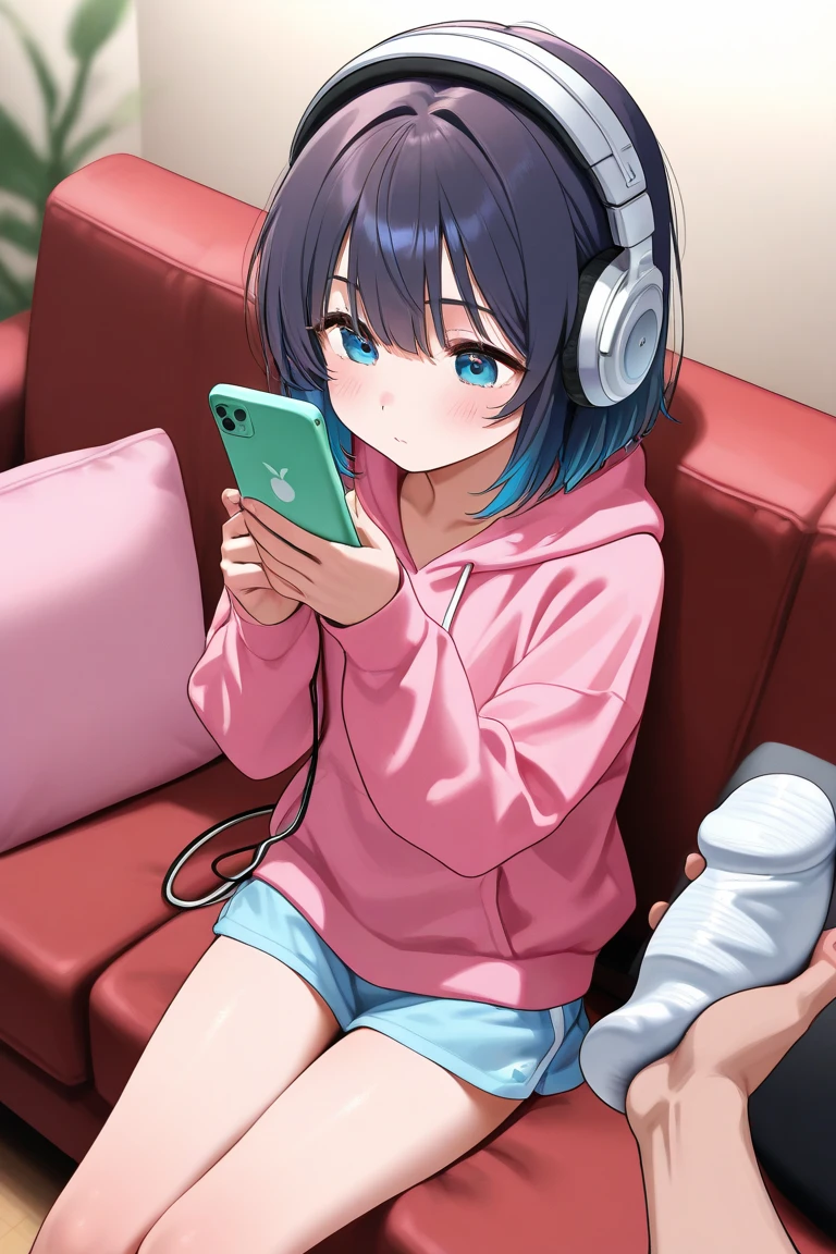 Create an anime-style image of a young woman in a 1980s-themed room, listening to music on large headphones. She is wearing retro clothing, sitting on the floor or lying on a couch. The room features posters on the wall, an old TV, a boombox, and scattered cassette tapes and records. The lighting is warm and cozy, evoking a sense of nostalgia. The overall atmosphere should be relaxed and chill, capturing the essence of 1980s LOFI music. Use soft, muted colors to enhance the retro feel.