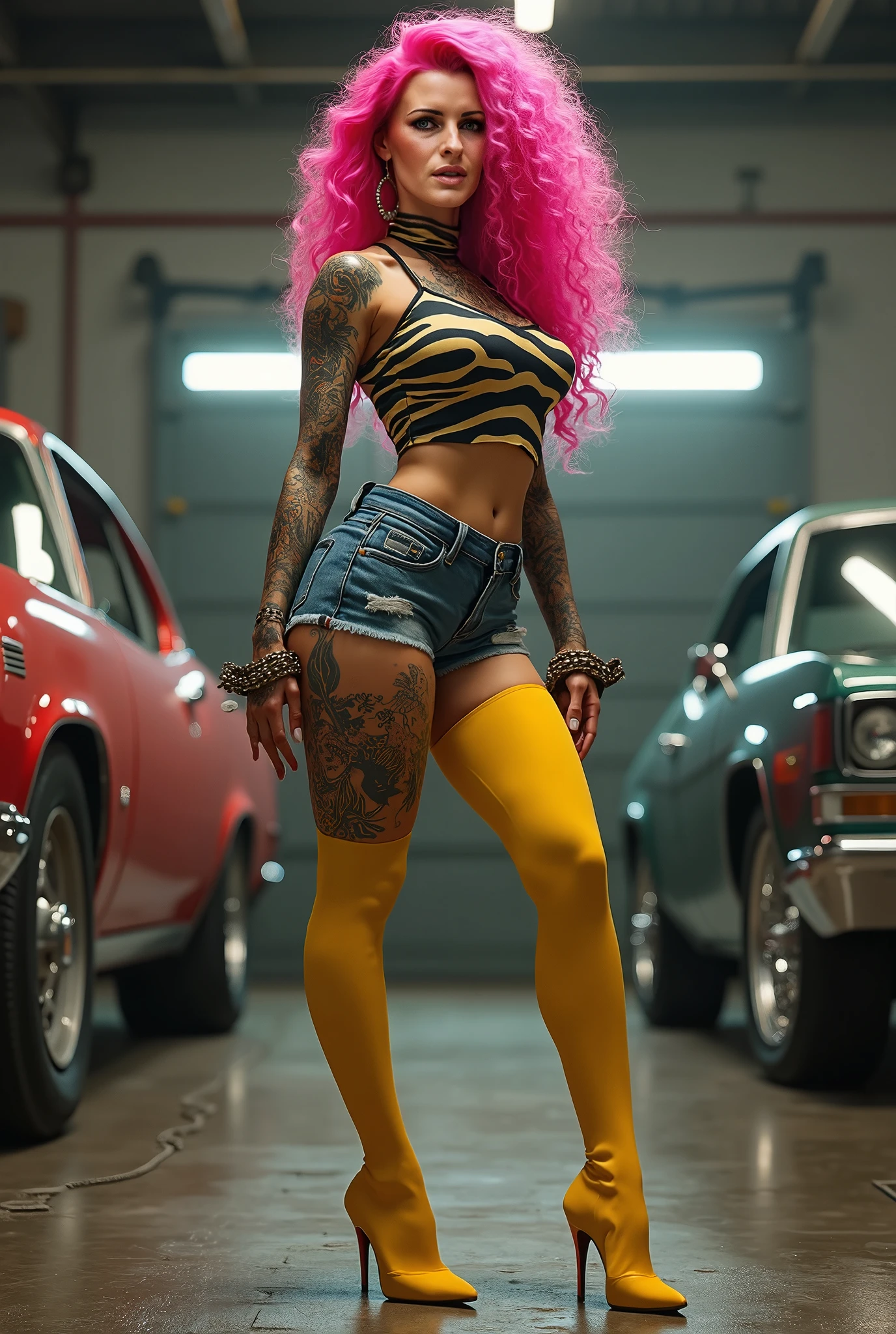 1970s photo of female rapper "Sexyy Red" wearing psychedelic print thongs, she is wearing red high heel shoes, she is standing under a lamppost, she has tattoos on her body, she has fire red hair, outside, night, cinematic action, atmospheric perspective, depth of field, textured skin, super detail,