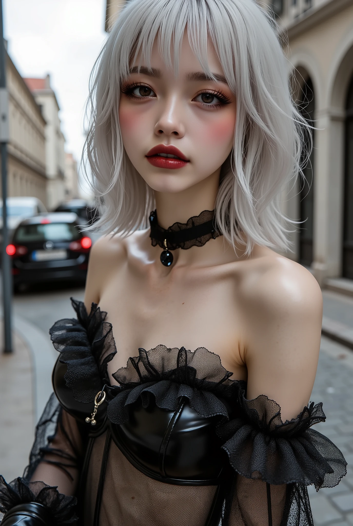  [Style: - "8k, masterpiece, realistic, Photorealistic realism, Hyper high resolution" - "highest quality, intricate ultra-detailed digital art"] (Key Directive: - "The priority is the anatomical accuracy and texture of the materials" - "Ultra-sharp human eyes with biological accuracy") {Character: "a beautiful girl, [Rosé from blackpink(firm and full breasts)]" | Face: "full lips, red lipstick, intense gaze" | Eyes: - "((sharp focus, no blurry eyes, Hyper absurd quality, Hyper details, Hyper realistic brown eyes:1.4))" - "((extra narrow eyebrows))" - "(Carefully draw Long blue_mascara:1.2)" - "(perfect round eyes)" | Hair: "short hair, white hair, curls at the ends of the hair, hair above one eye,(short combed to the side)" | Pose: "elegant pose" Outfit: [Top: "Wear an off-the-shoulder top, modest leather BDSM costume, (see-thru PVC:1.5)" | lace: "Rose flower" | Boots: "Black Long,(laced)"] Environment: "street, European Buildings" Lighting: "studio lighting, monochromatic, striking contrast, dramatic shadows" (Rendering engine: "Unreal Engine 5 path tracing, 16K texture maps") | The ultra-Highres,Unreal 5,Subsurface scattering,PBR Texturing,Post-Processing,Anisotropic Filtering,depth of fields,Maximum Sharpness and Sharpness,multi-layered texture,Albedo and Specular maps,Surface Shading,Precise simulation of light-material interactions,perfectly proportions,Octane rendering,Two-tone illumination,Wide Aperture, low ISO, white balance, The rule of thirds