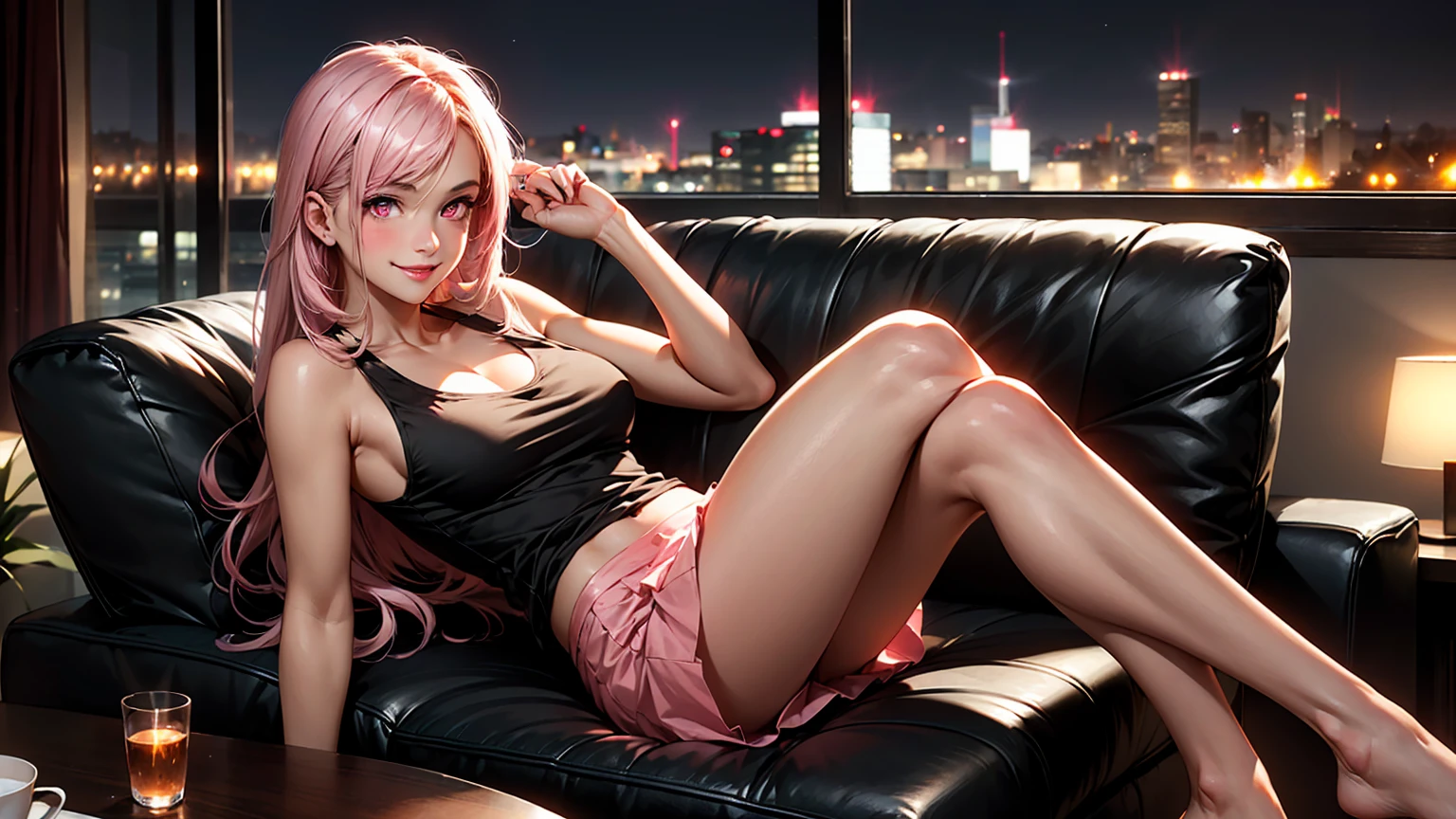 Jinx Arcane League of Legends sitting on the couch looking at the camera, fully body, open jacket without buttons , Topless, beautiful medium breasts showing , sexly , ripped mini skirt , legs spread open, beautiful smiling, long hair, surreal ,
