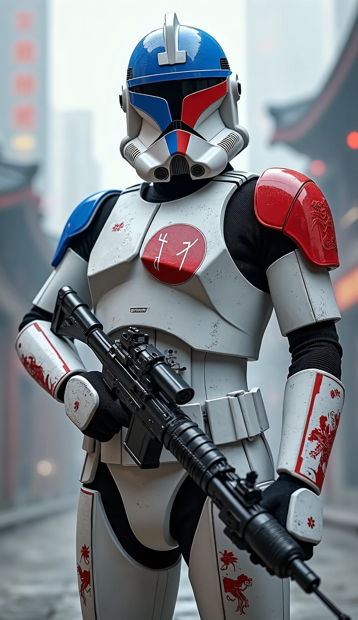 a Star Wars stormtrooper body armor with helmet, covered Russian national ornaments, vintage style «Midjo art”, white background