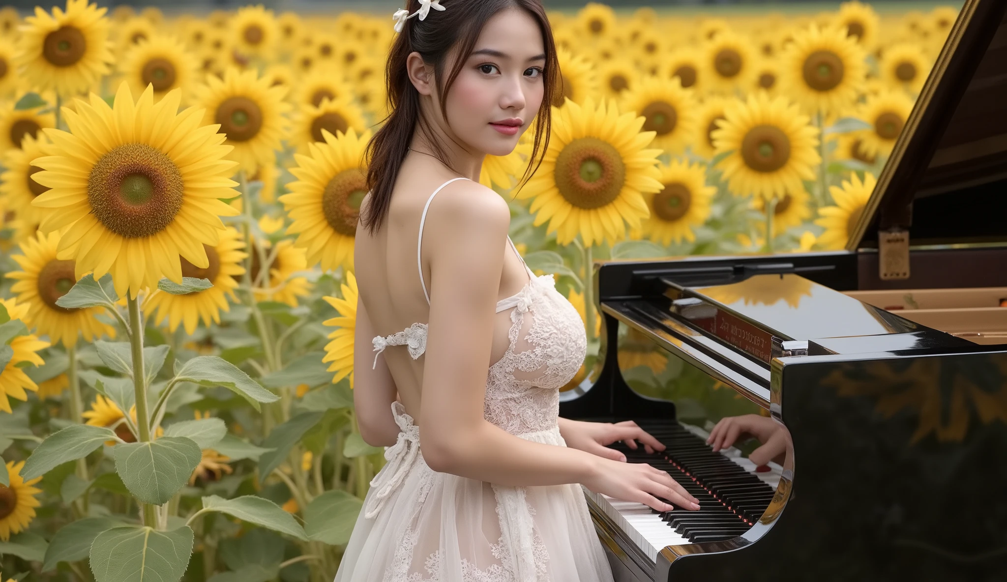 "A beautiful Japanese i-dol girl in her 20s playing the piano, (perfect slim body: 1.3), ((top angle: 1.5)), ((playing a shiny black grand piano. A field of sunflowers illuminated by the rising sun. The piano is positioned amidst the golden flowers)), Loose hair with light waves and a discreet bow, creating an angelic and tranquil appearance. ((view from her body to her hips)), (perfect breasts), A delicate white or pastel blue chiffon dress, flowing and with lace details. The design is minimalist, The art should have a modern and elegant touch, similar to minimalist Japanese illustrations."ultra realistic, high quality, 8k