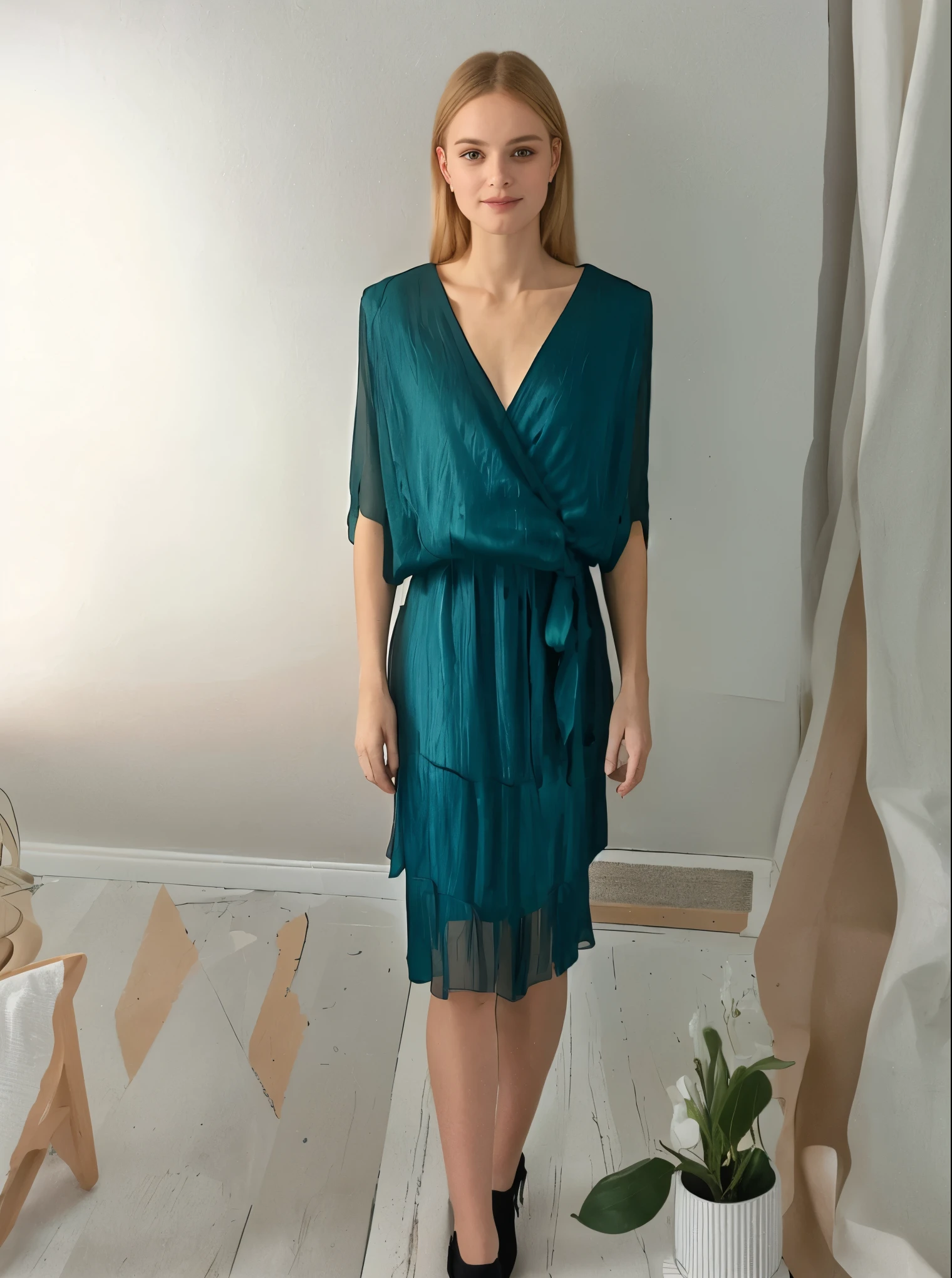 the mid-twenties woman is walking down a suburban street. She is wearing a 1970's turquoise crimplene skirt-suit with a white blouse, her wide brim hat and medium heel leather sandals being the same turquoise colour. Her blonde hair is also done up in a 1970s style. She stands 165 cm tall, weighs 53 kg with 81E-53-84 hourglass shape. Full length image