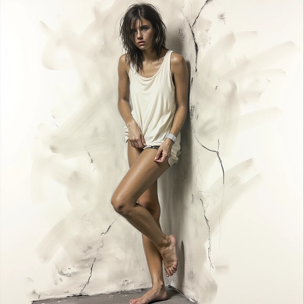 a black and white photo in the style of Helmut Newton of Cristy Turlington in open shirt