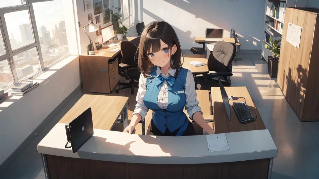 1lady solo, sitting, (from above), office worker, ((blue vest) over white dress shirt), mature female, /(dark brown hair/), kind smile, (masterpiece best quality:1.2) delicate illustration ultra-detailed, large breasts,bowtie BREAK (modern office) indoors, (reception desk), entrance, detailed background