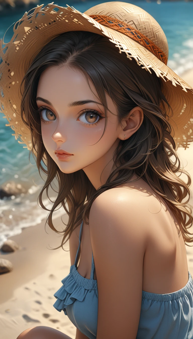 Under the blazing sun、Hot midsummer day。girl sweating。Wipe the sweat from one&#39;s forehead with one&#39;s hand。smile。