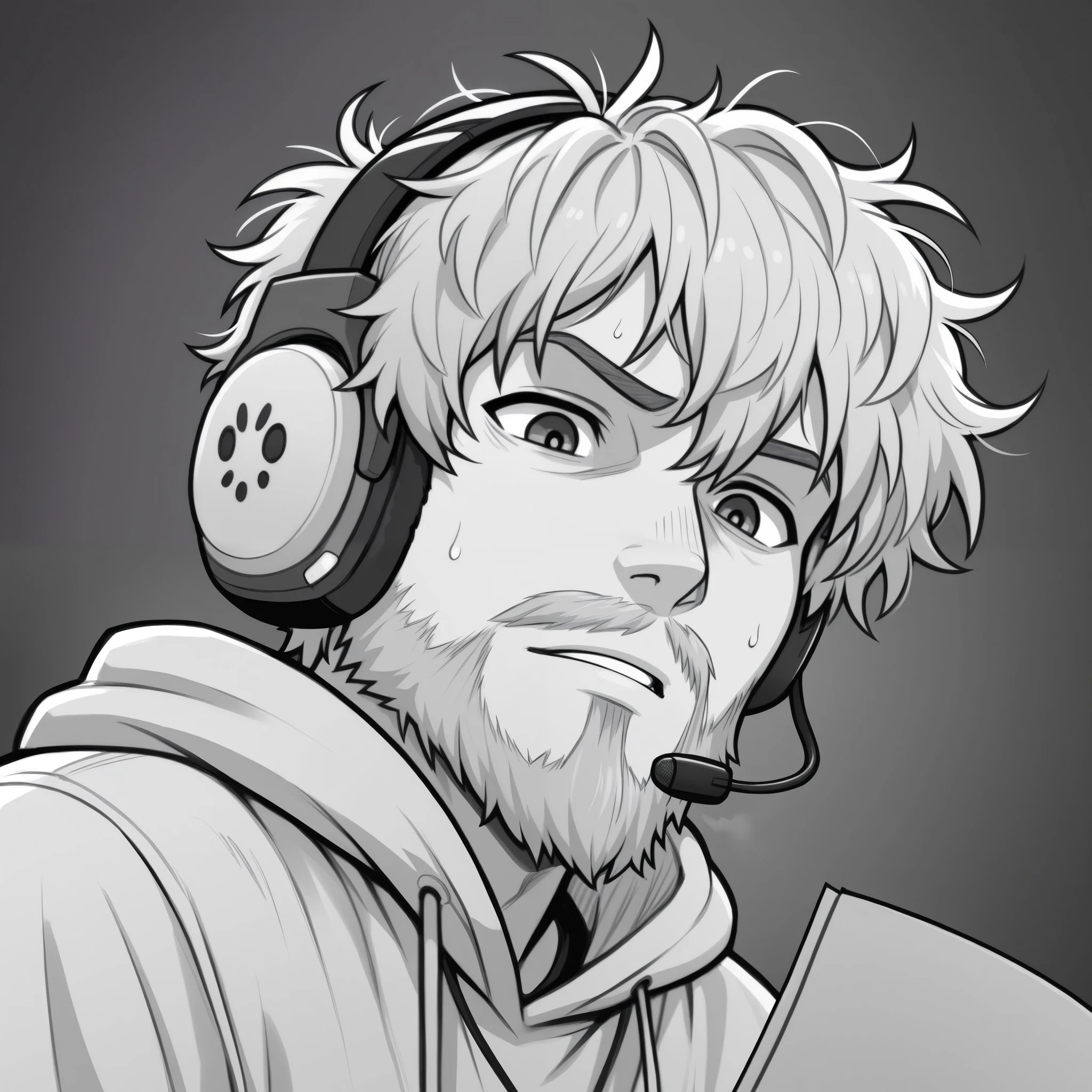 Create a cartoon-style caricatured character of a hermit. The hermit is wearing a modern headset with large headphones and a visible microphone. The image should show only from the chest up, like a passport photo. The hermit has a long, scruffy beard, messy hair covered by a rustic hood, and a facial expression that blends loneliness and curiosity. The colors should be vibrant, with a humorous touch, emphasizing the contrast between the hermit's reclusive style and the technological headset accessory.