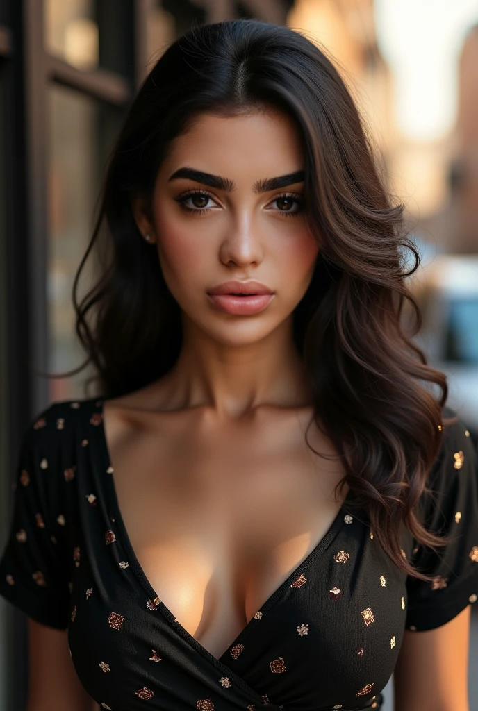 Image of a dark-haired woman with windblown curls, her hair is intertwined, like a flame against the twilight sky., radiating unbridled beauty, Big breasts, mascara, eyeliner, expressive lips, alluring necklace, stylish sexy streetwear, smoky eye makeup, in los angeles california