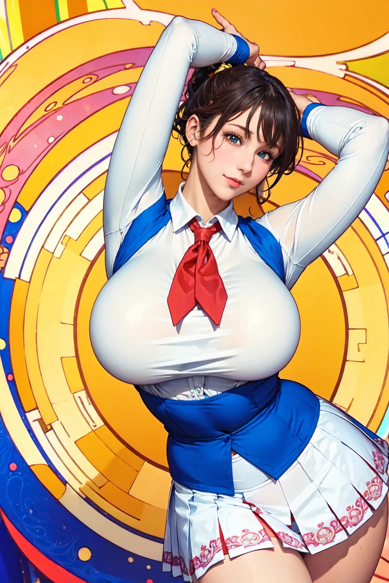 ((((Mucha style)))),(Vulgar),((JK girl)), open leg stand, (from thigh up), (((sagging massive breasts))), ,Pompadour,(Put your arms over head:1.2),((Sex addiction))((highschool uniform)), ((highschool skirt)) on (少し見えている panties), cameltoe, Half of it sticks out from the clothes,(High position:1.6),((Detailed face)) smile, ribbon, blue white yellow red,